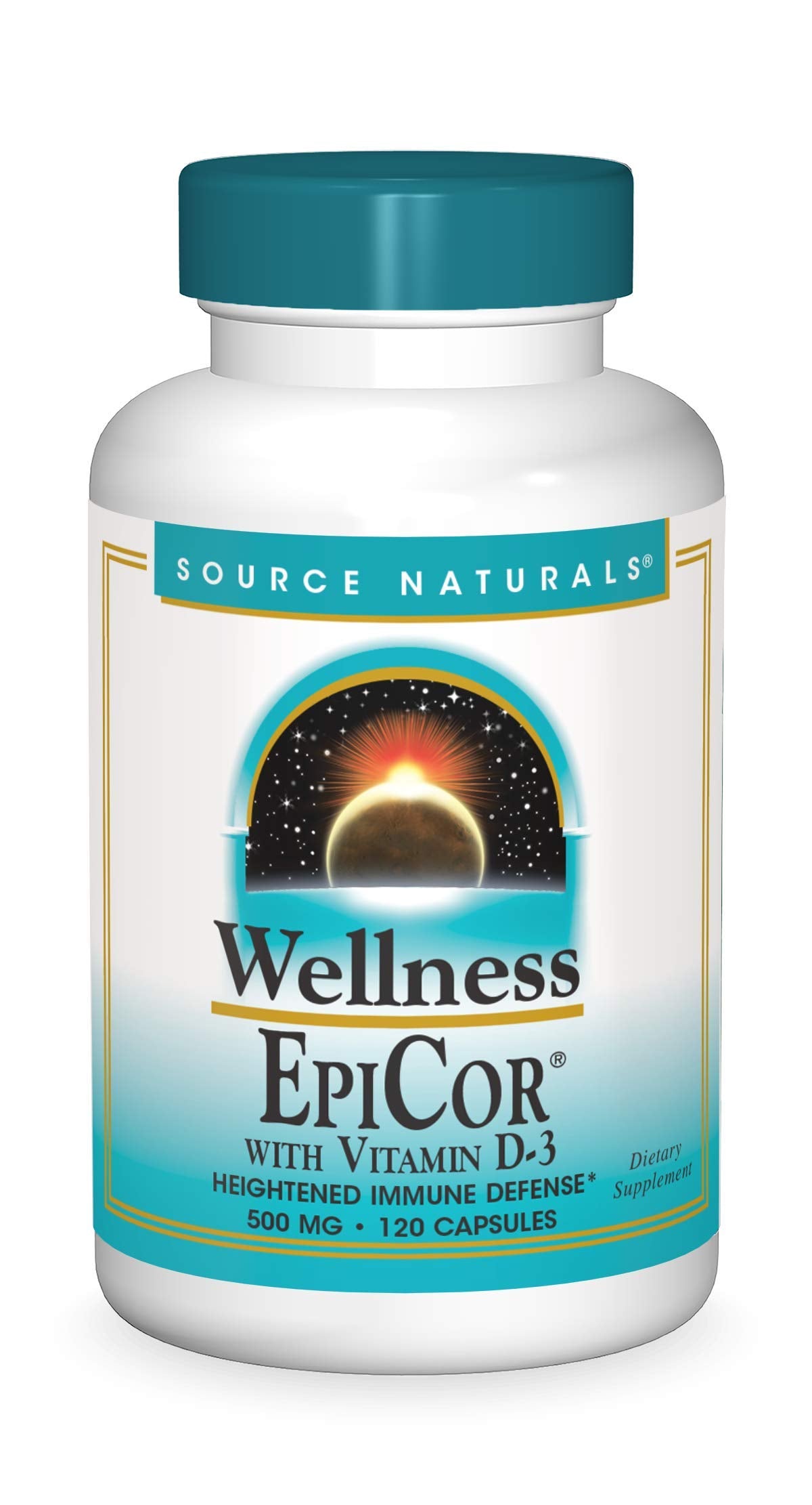 Source Naturals EpiCor Vitamin D-3 bottle front for daily immune wellness potential.