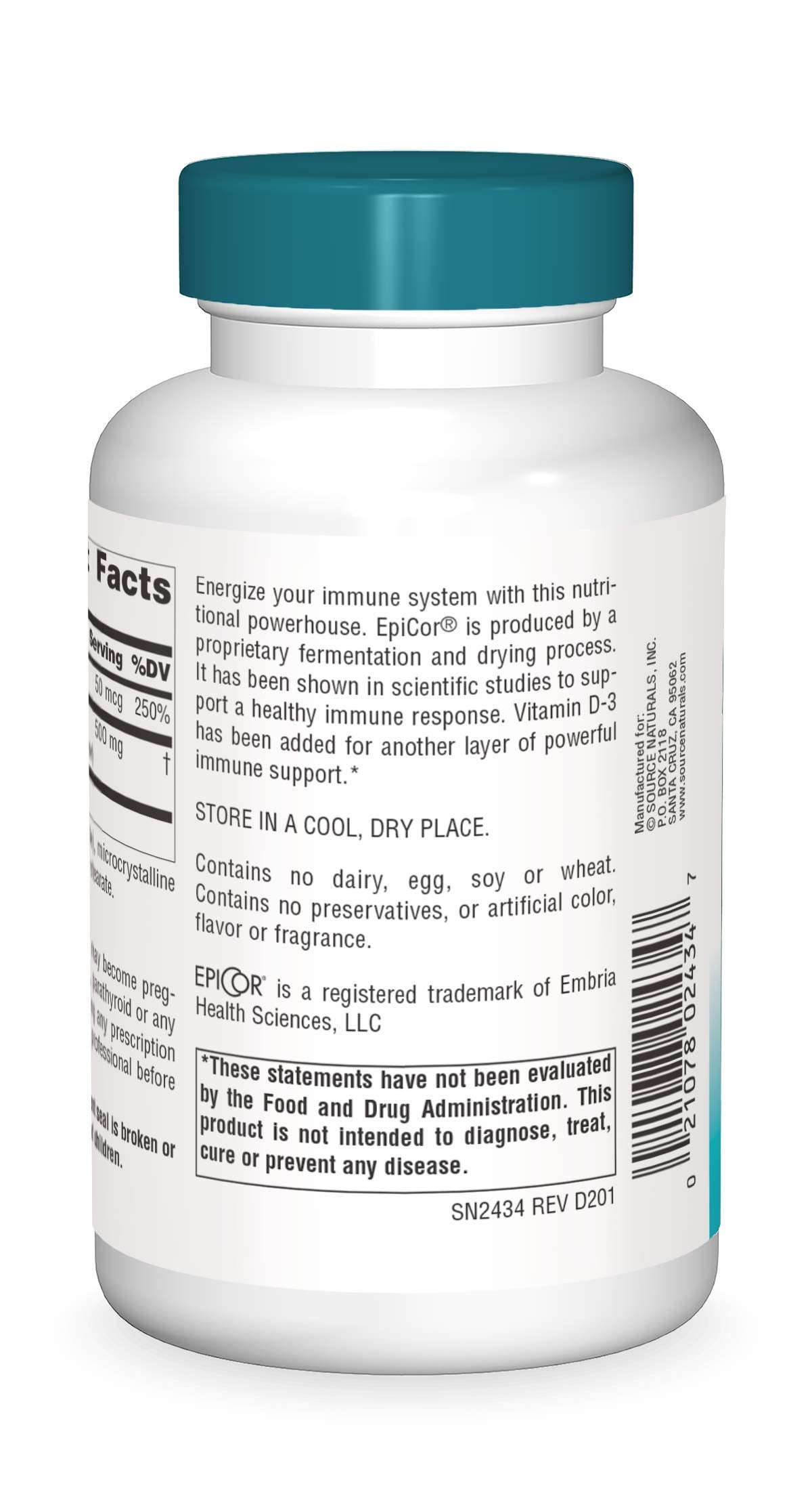 Source Naturals EpiCor Vitamin D-3 bottle label close-up highlights immune wellness ingredients.