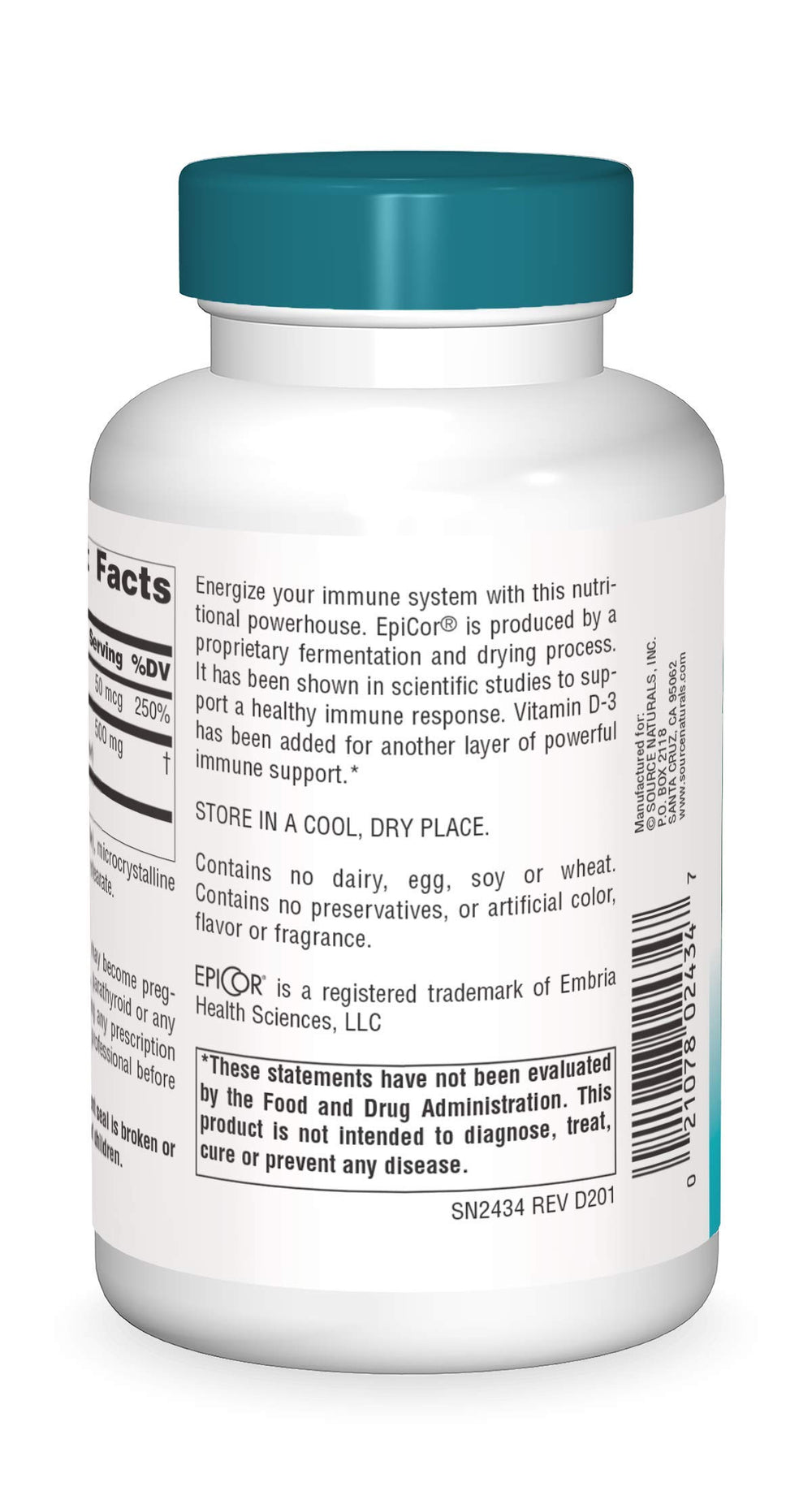 Source Naturals EpiCor Vitamin D-3 bottle label close-up highlights immune wellness ingredients.