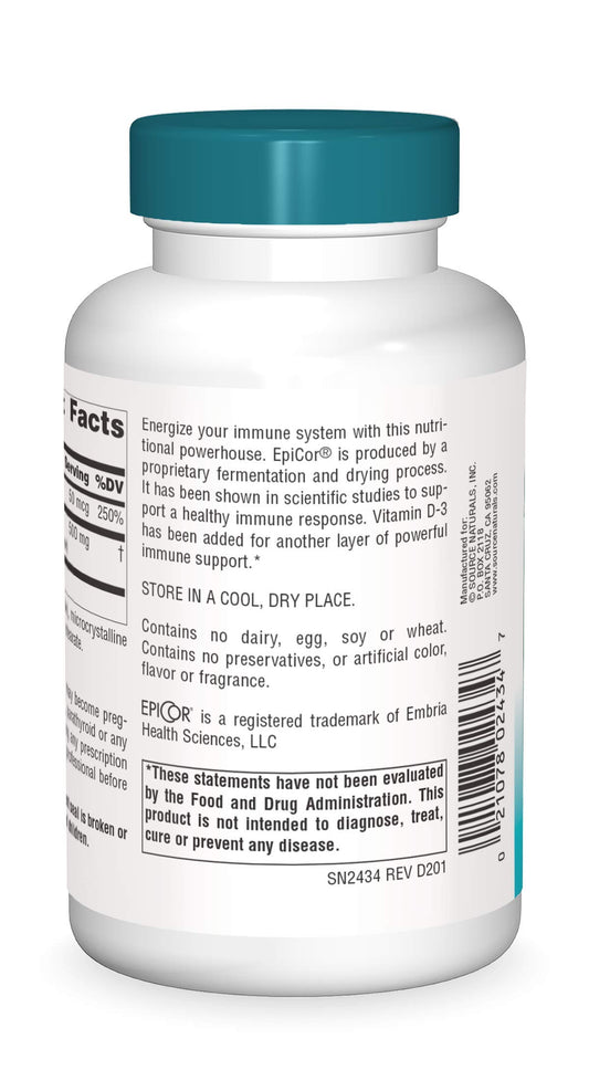 Source Naturals EpiCor Vitamin D-3 bottle label close-up highlights immune wellness ingredients.