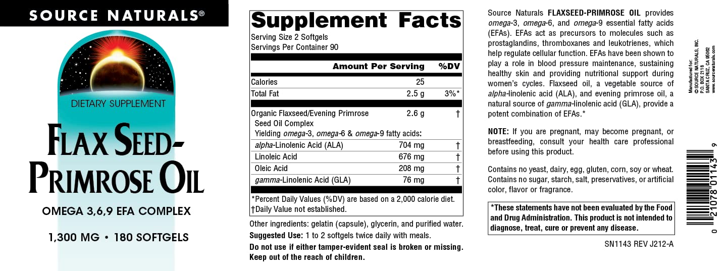 Source Naturals flax-seed-primrose oil softgels on kitchen counter.