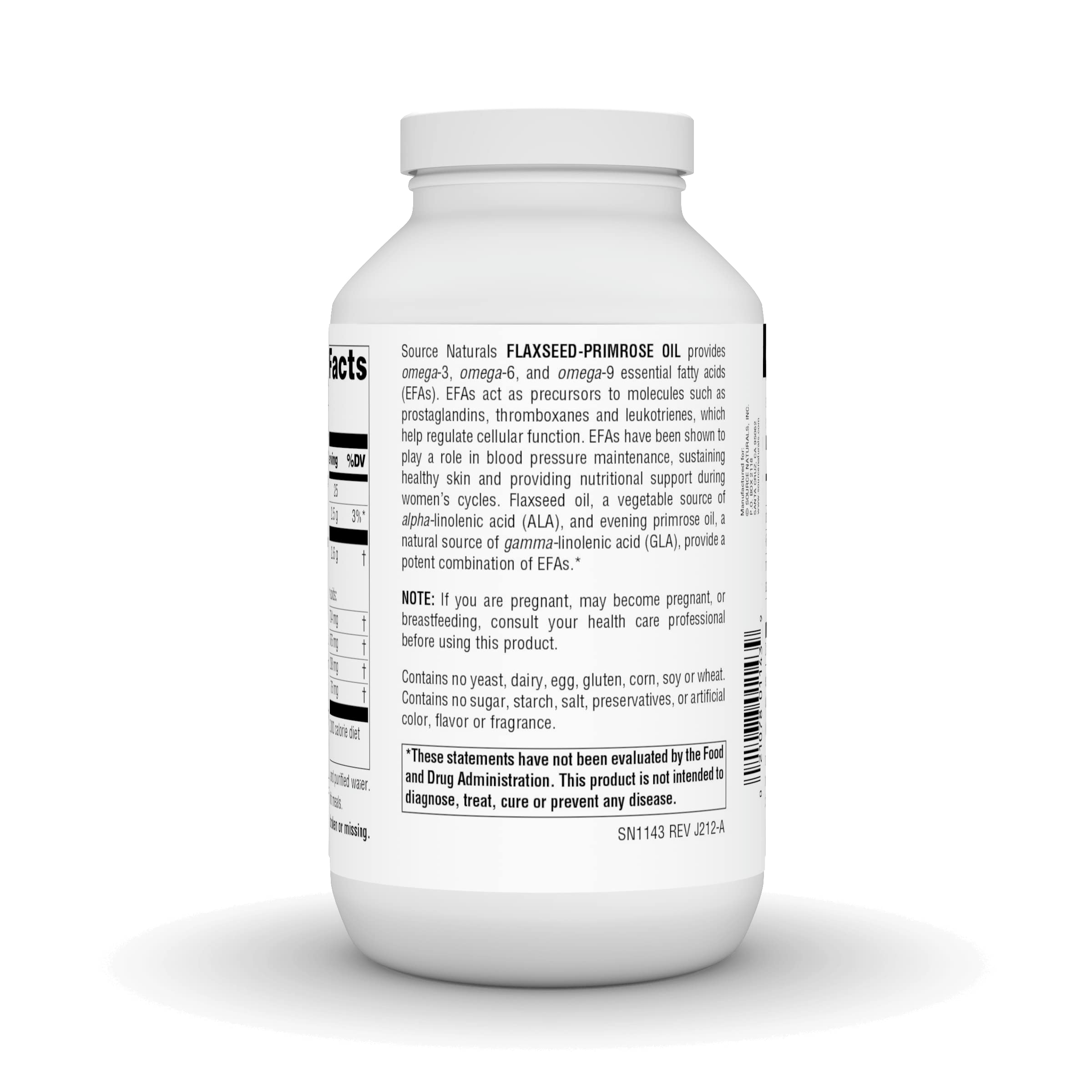 Source Naturals flax-seed-primrose oil label on bottle with EFAs.