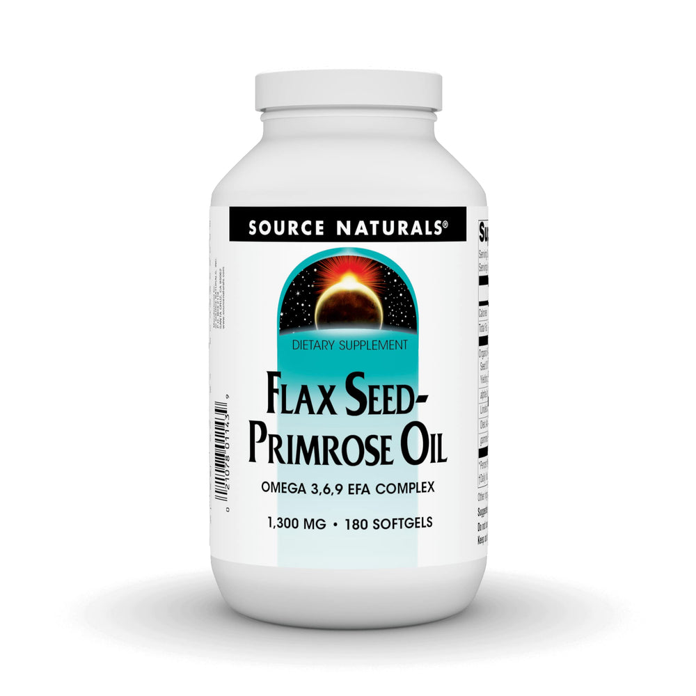 Source Naturals flax-seed-primrose oil softgels bottle for everyday fatty acids.