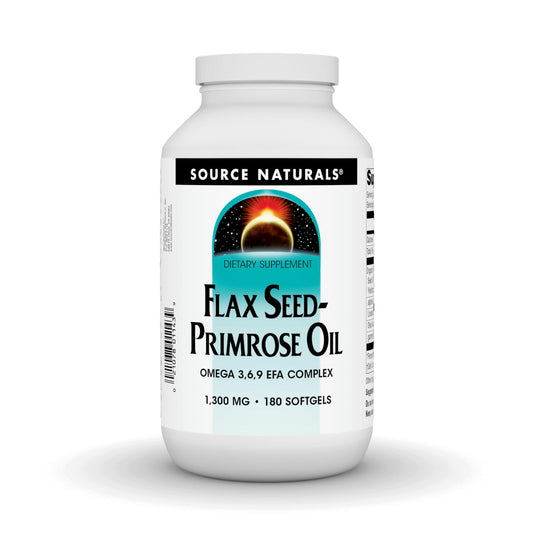Source Naturals flax-seed-primrose oil softgels bottle for everyday fatty acids.