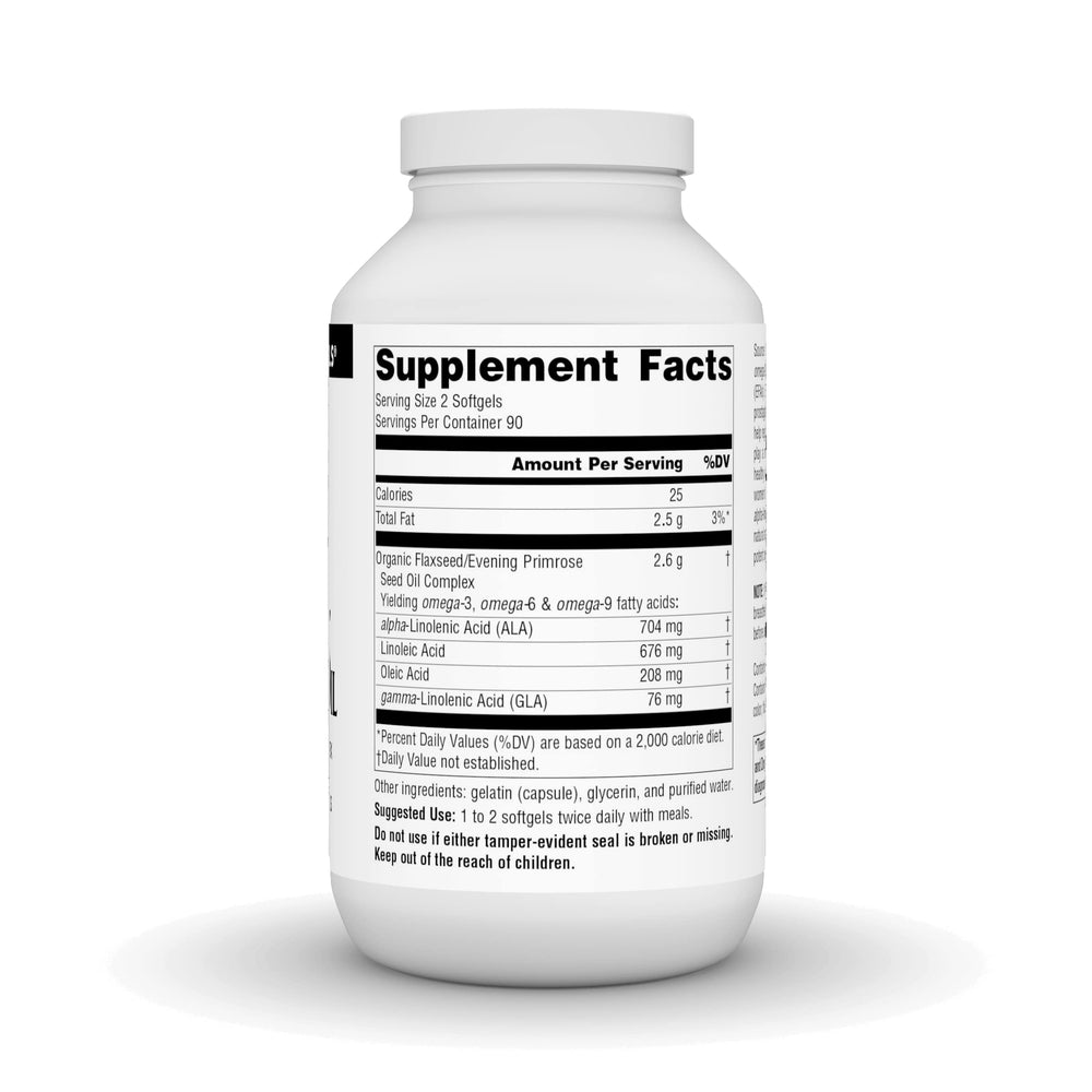 Source Naturals flax-seed-primrose oil softgels closeup showing omega-3 and omega-6 balance.