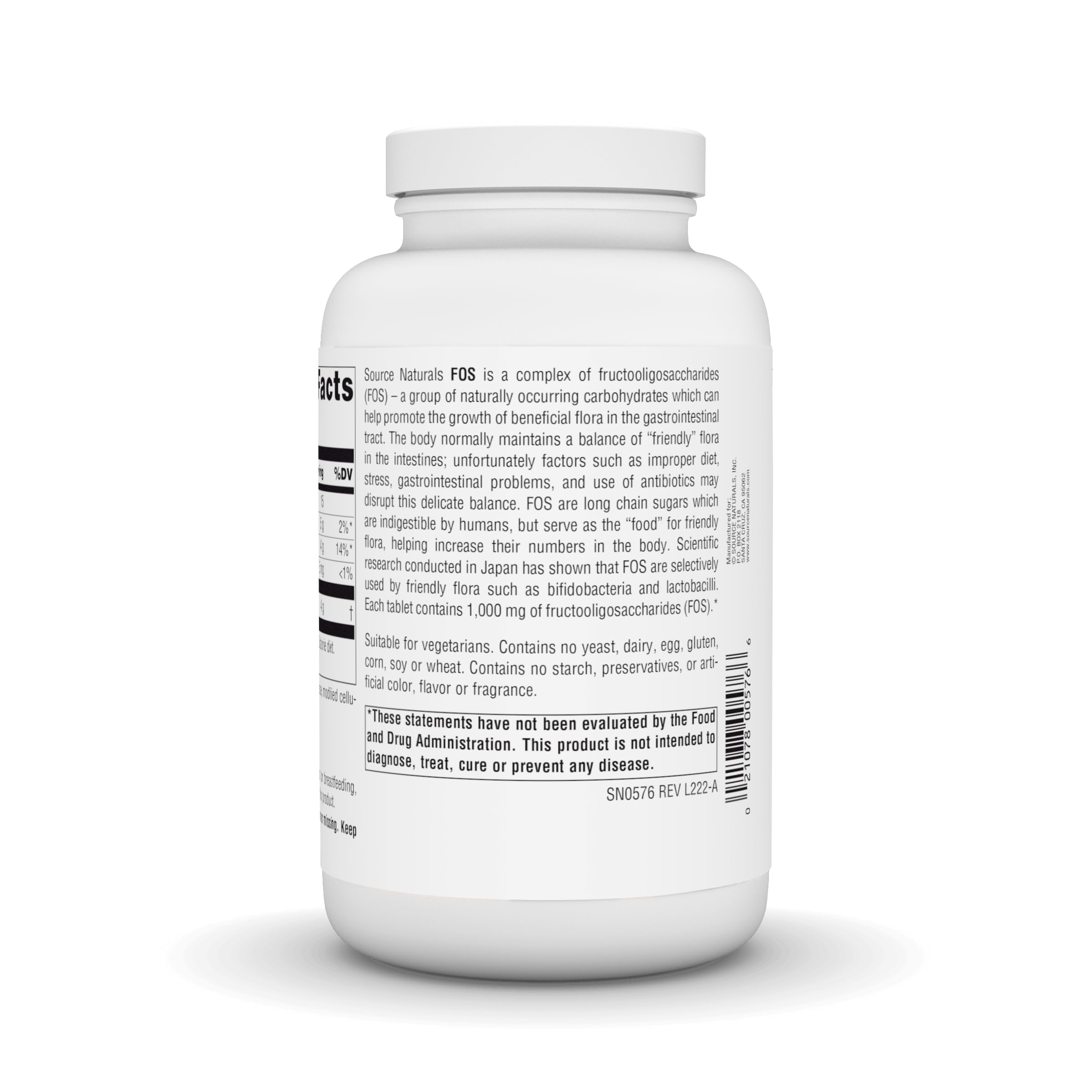 Source Naturals FOS 1000 mg label graphic with ingredient context for transparency