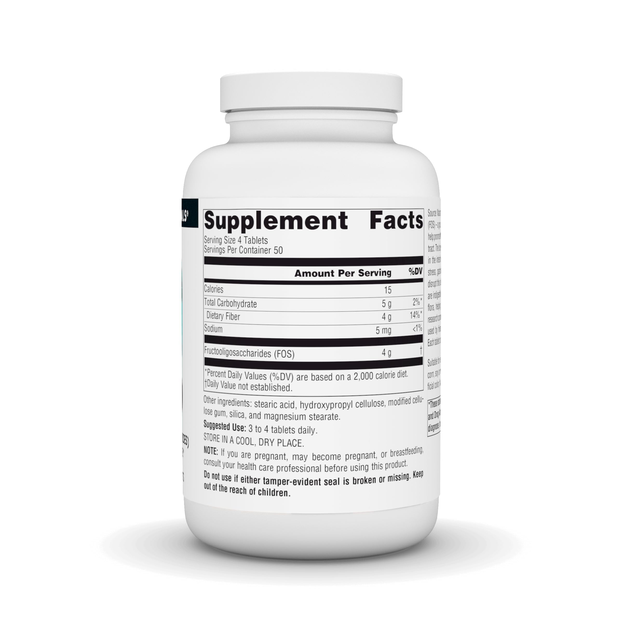 Source Naturals FOS 1000 mg tablets close up showing size for easy dosing