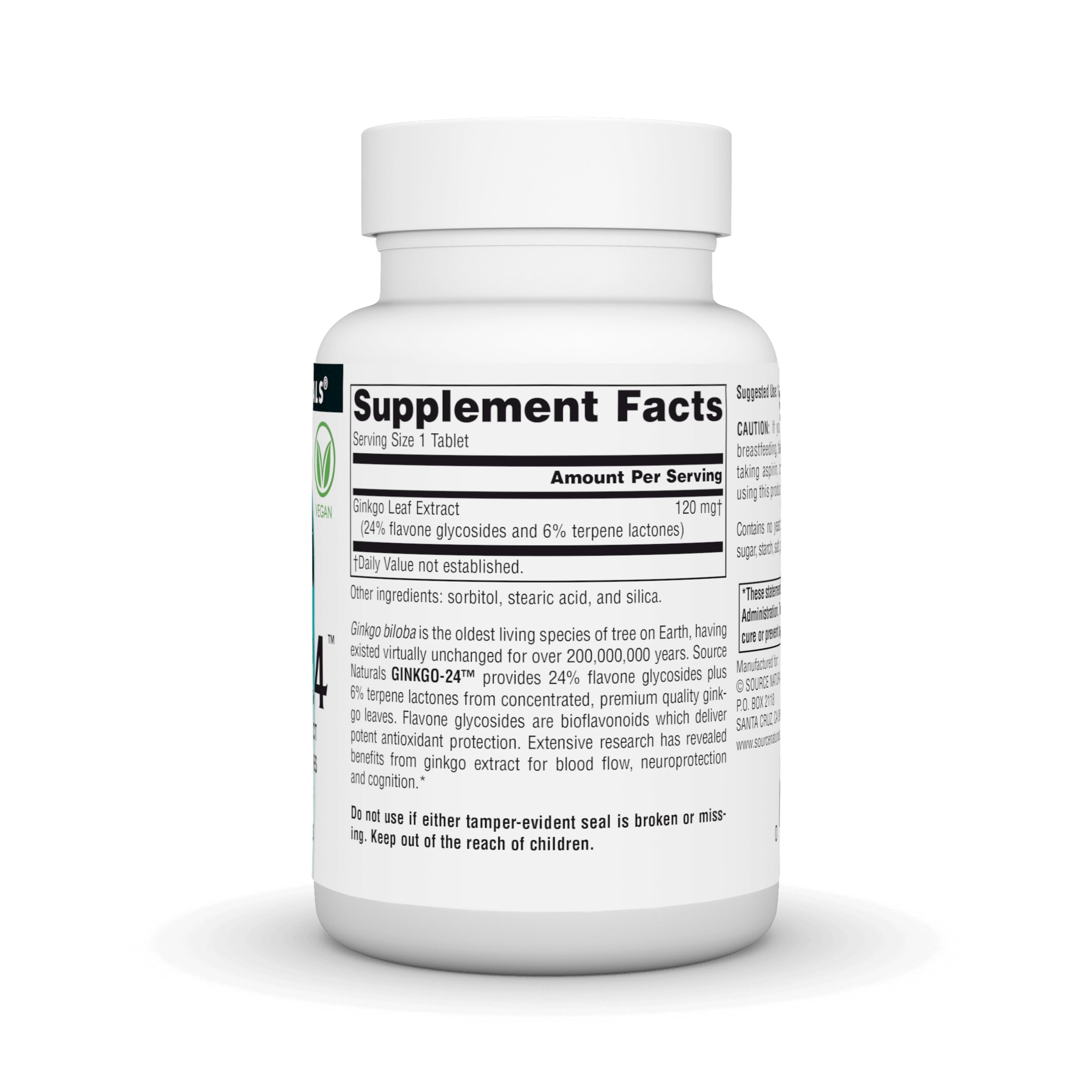 Source Naturals Ginkgo-24 label shows 24% glycosides and 6% terpenes
