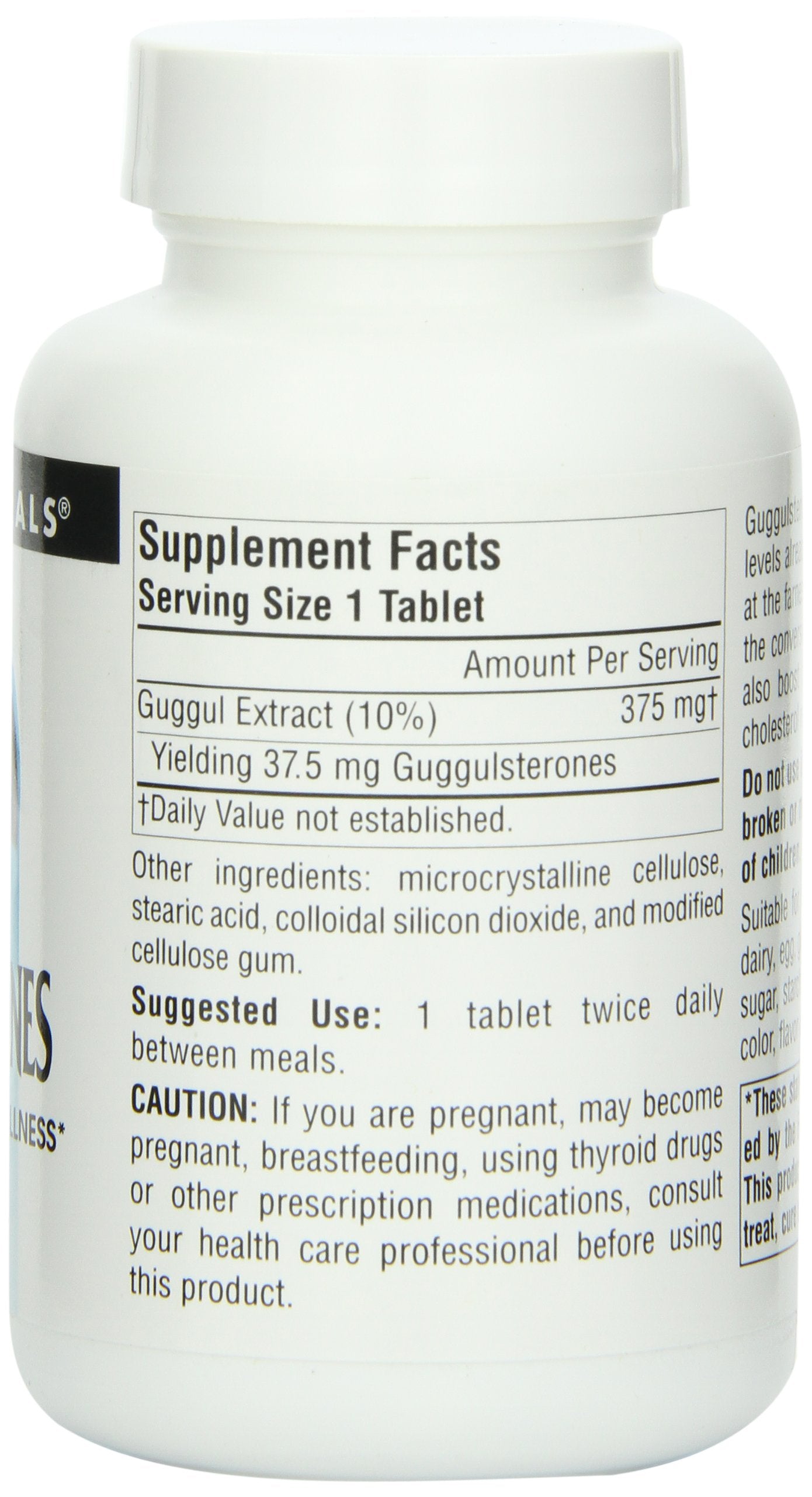Source Naturals Guggulsterones bottle back emphasizes suggested use between meals.