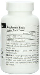 Source Naturals Guggulsterones bottle back emphasizes suggested use between meals.