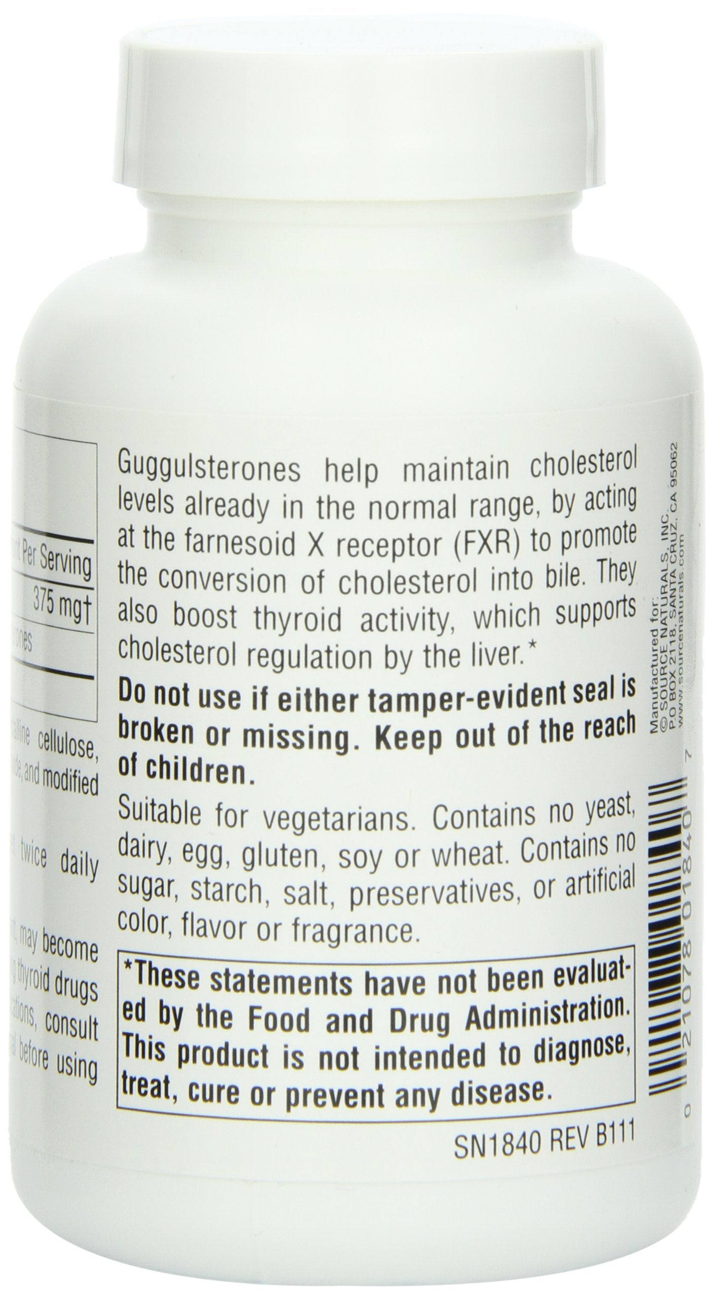 Source Naturals Guggulsterones label shows vegetarian-friendly formula.