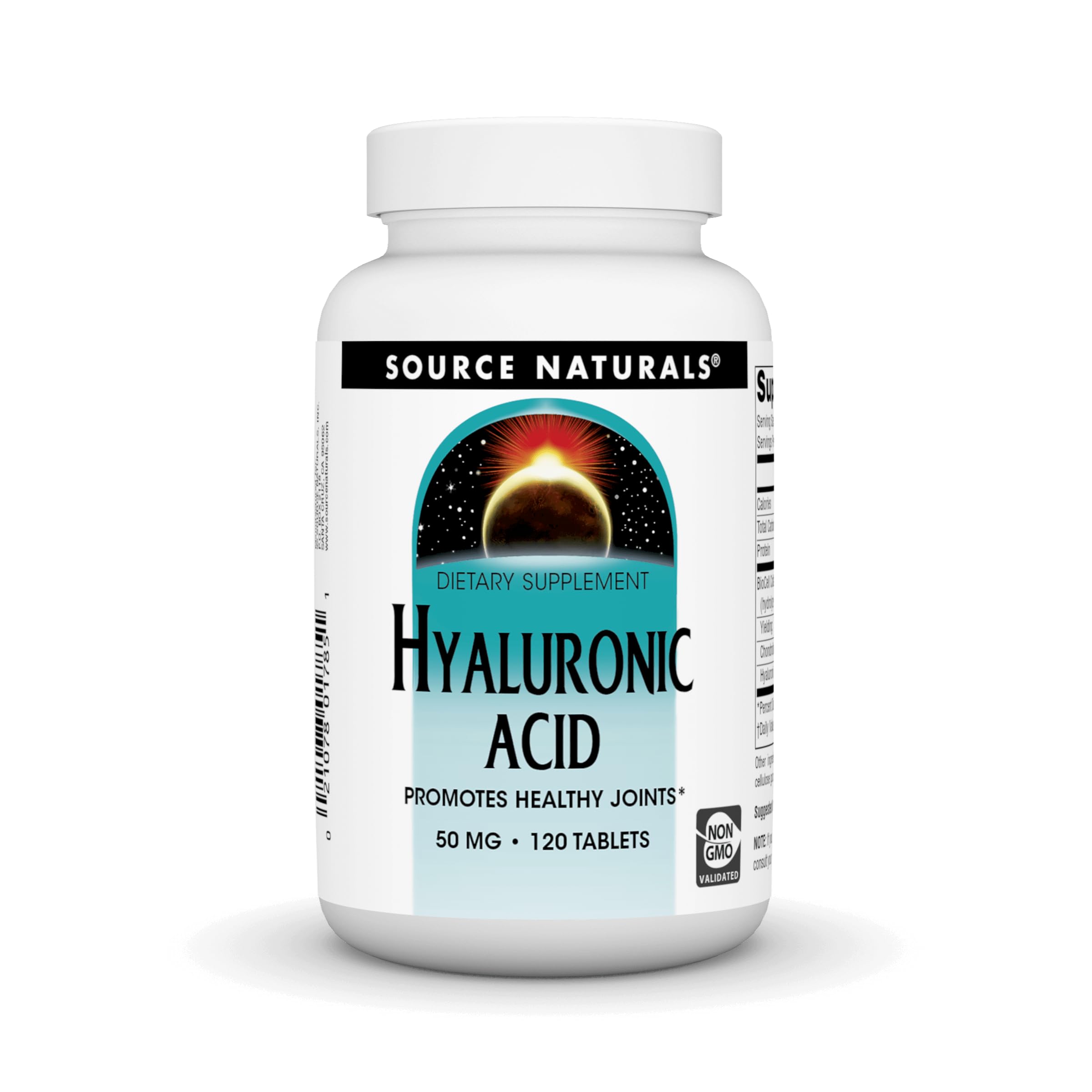 Source Naturals Hyaluronic Acid 50mg bottle on a clean surface supports joint comfort and flexibility.