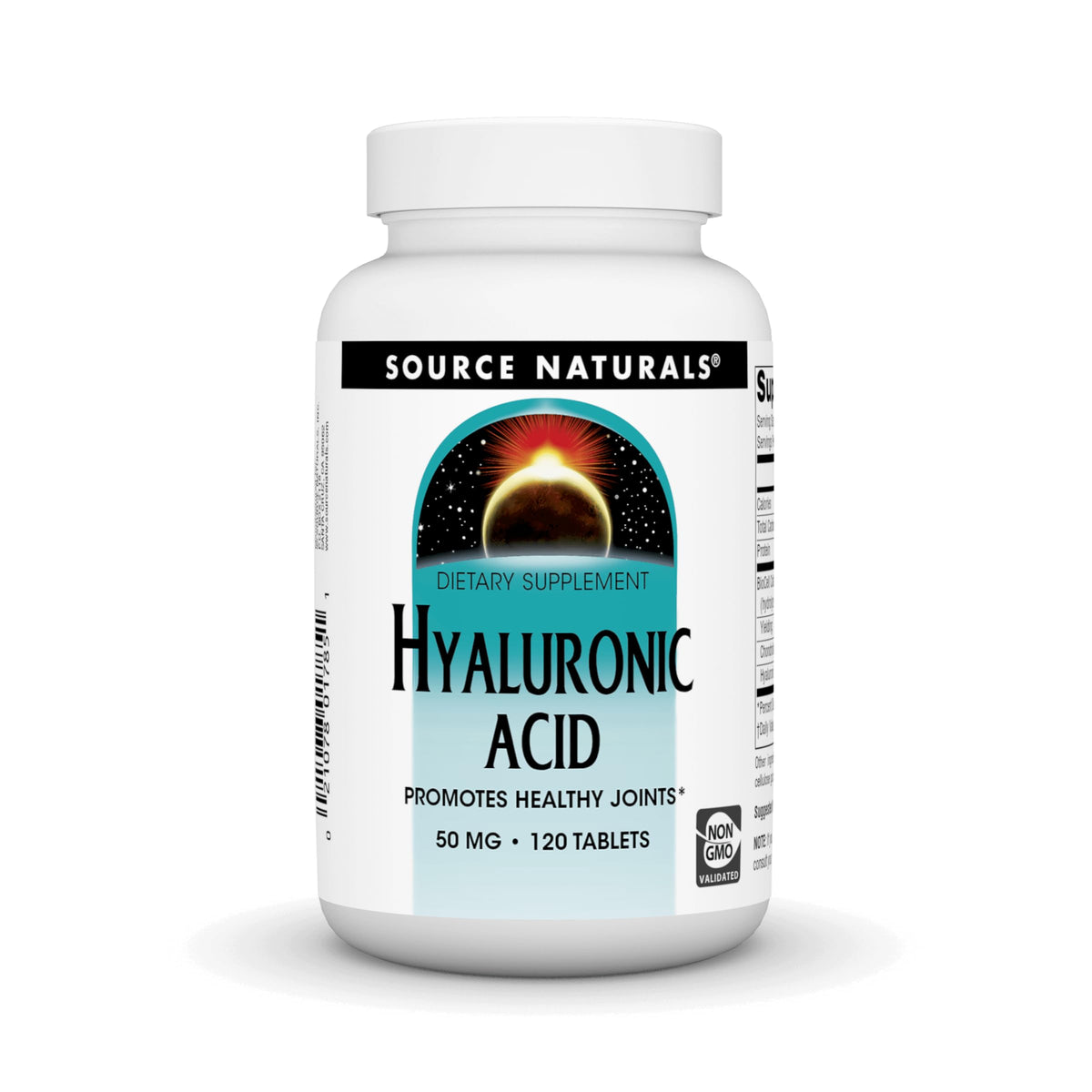 Source Naturals Hyaluronic Acid 50mg bottle on a clean surface supports joint comfort and flexibility.