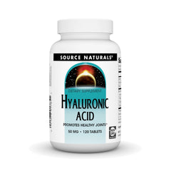 Source Naturals Hyaluronic Acid 50mg bottle on a clean surface supports joint comfort and flexibility.