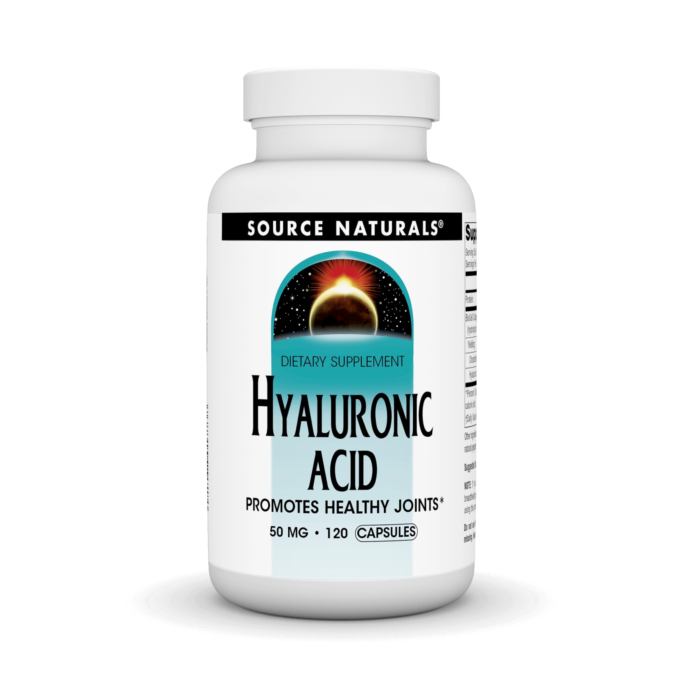 Source Naturals Hyaluronic Acid bottle illustrating joint support and skin benefits.