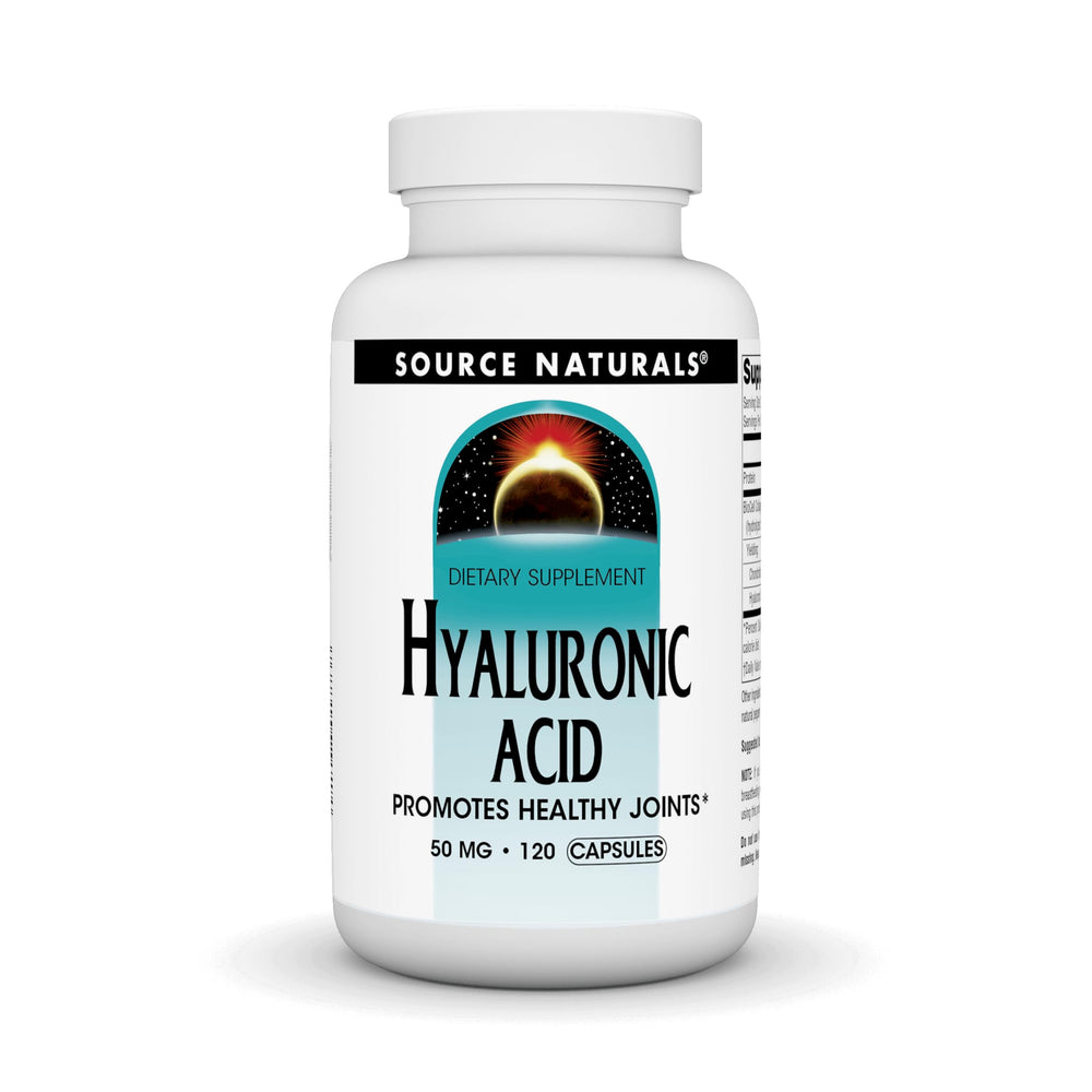 Source Naturals Hyaluronic Acid bottle illustrating joint support and skin benefits.