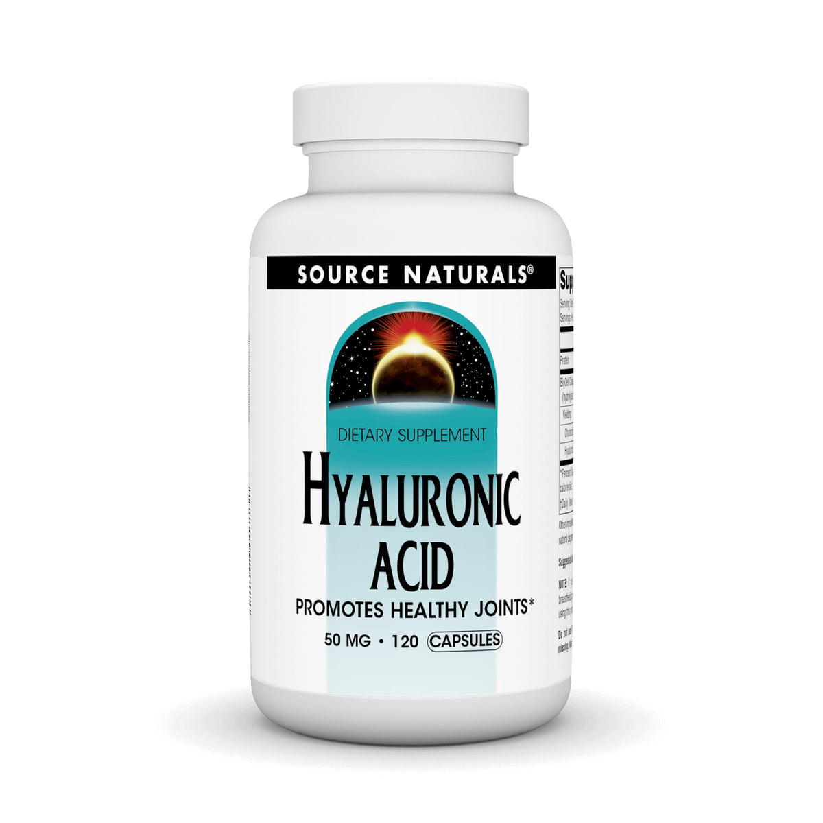 Source Naturals Hyaluronic Acid bottle illustrating joint support and skin benefits.