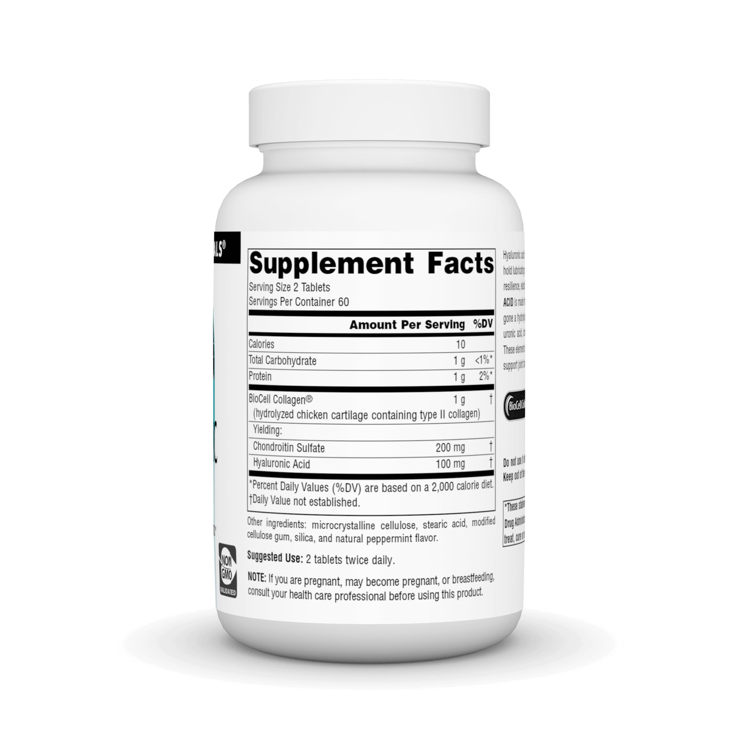 Close-up of Source Naturals Hyaluronic Acid tablets highlighting compact daily dosing.