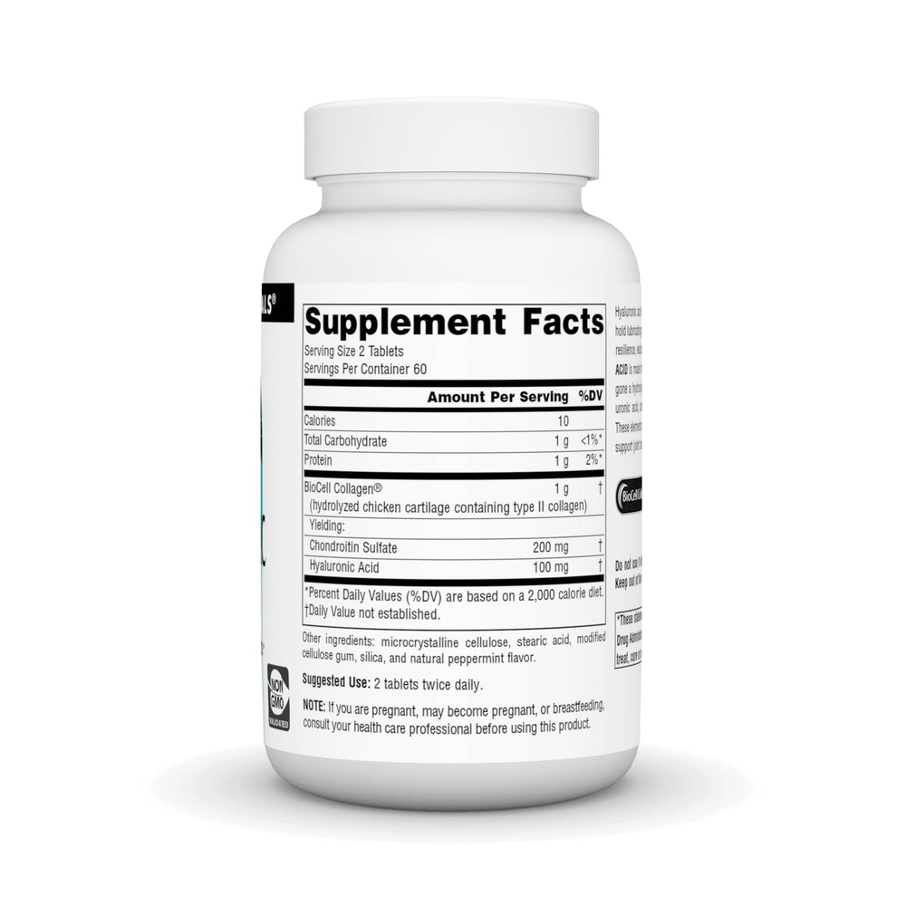 Close-up of Source Naturals Hyaluronic Acid tablets highlighting compact daily dosing.