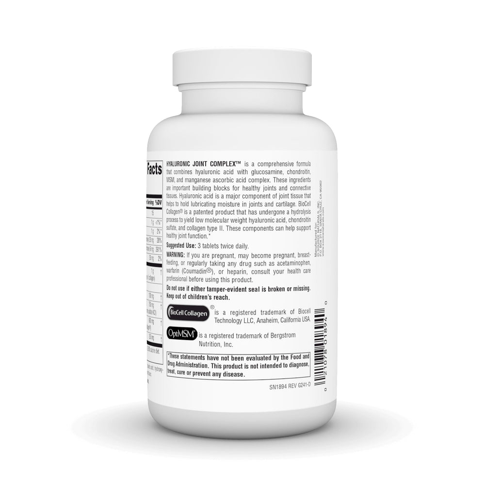 Label on Source Naturals Hyaluronic Joint Complex detailing ingredients