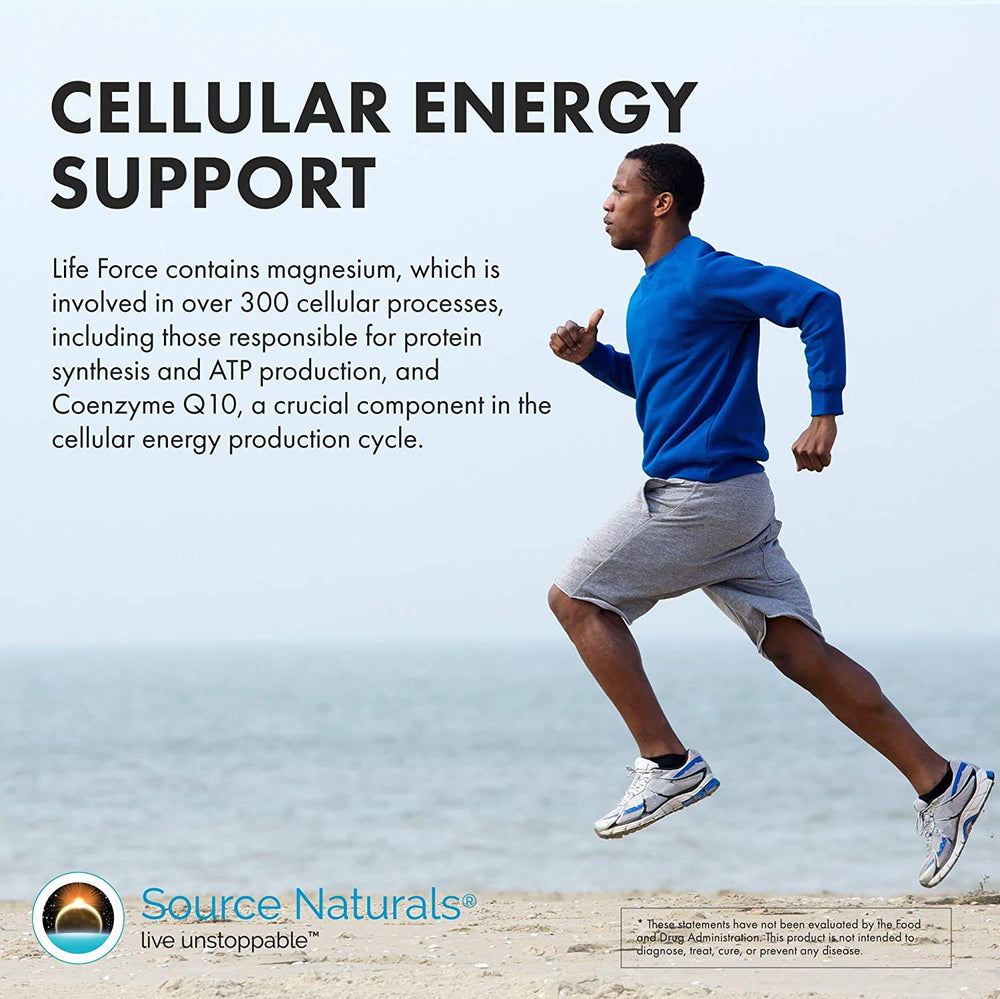Source Naturals Life Force tablets shown with meals for best absorption.