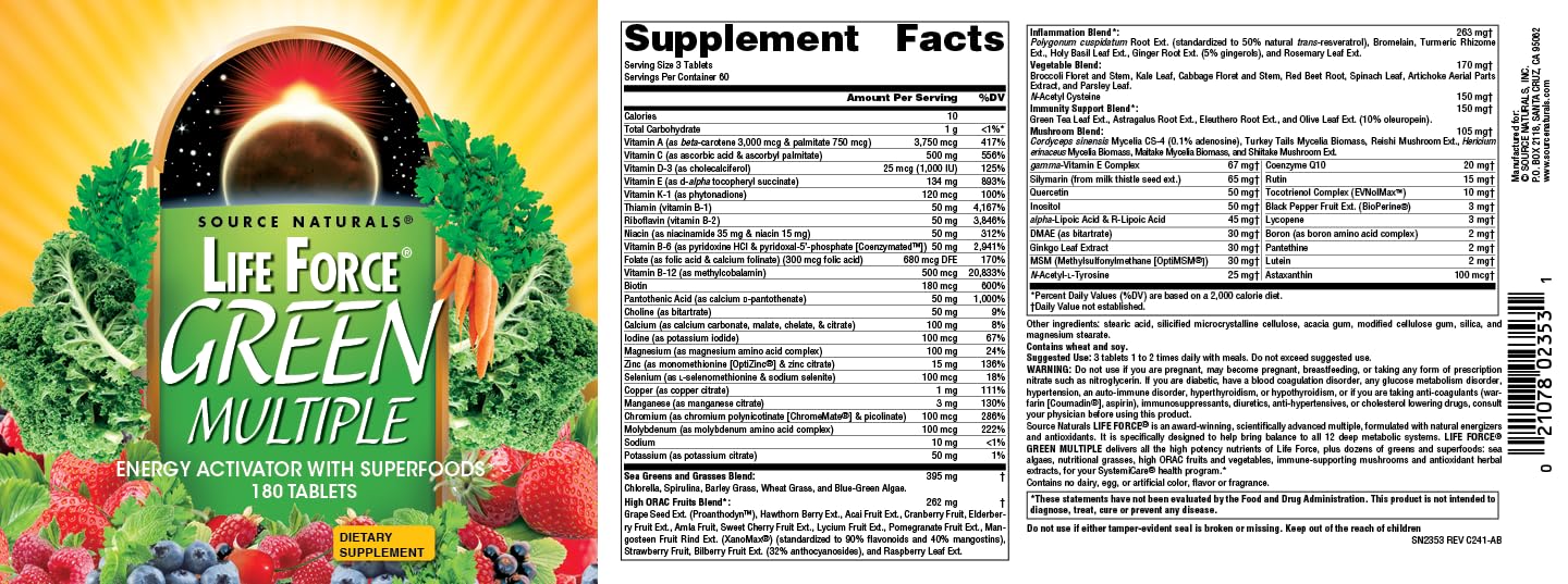 Packaging of Life Force Green multivitamin manufactured in the USA.