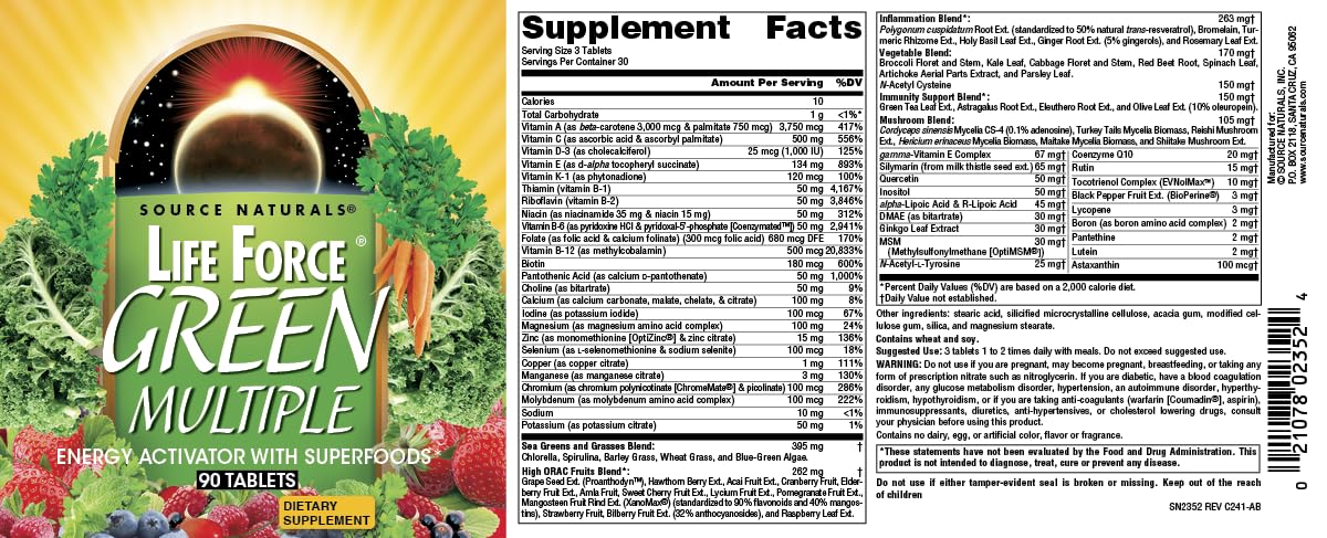 Source Naturals Life Force Green tablets with a meal, illustrating suggested intake