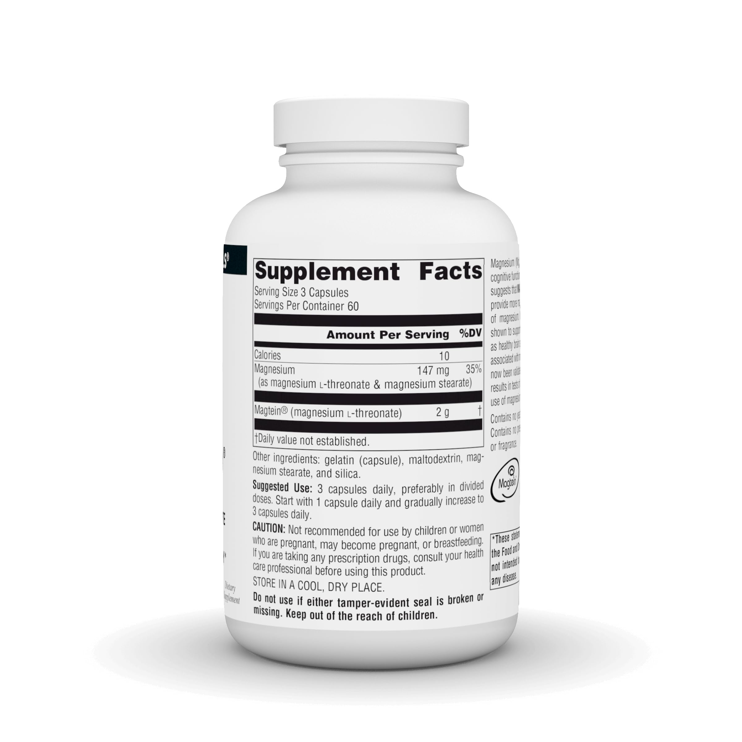 Source Naturals Magtein capsules in bottle for convenient supplementation.