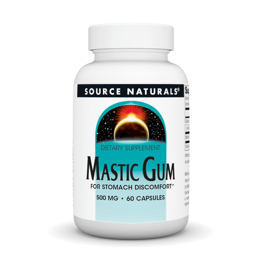Source Naturals Mastic Gum bottle front highlighting stomach comfort support.