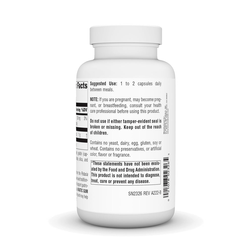Source Naturals Mastic Gum label detail highlighting allergen-free formula for health