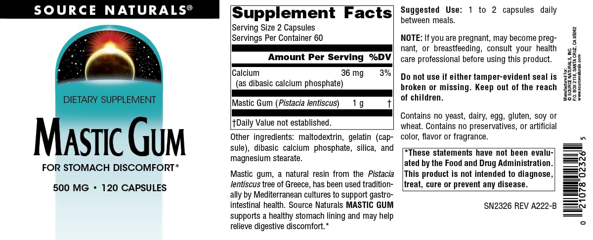 Source Naturals Mastic Gum packaging showing USA manufacturing for trusted quality