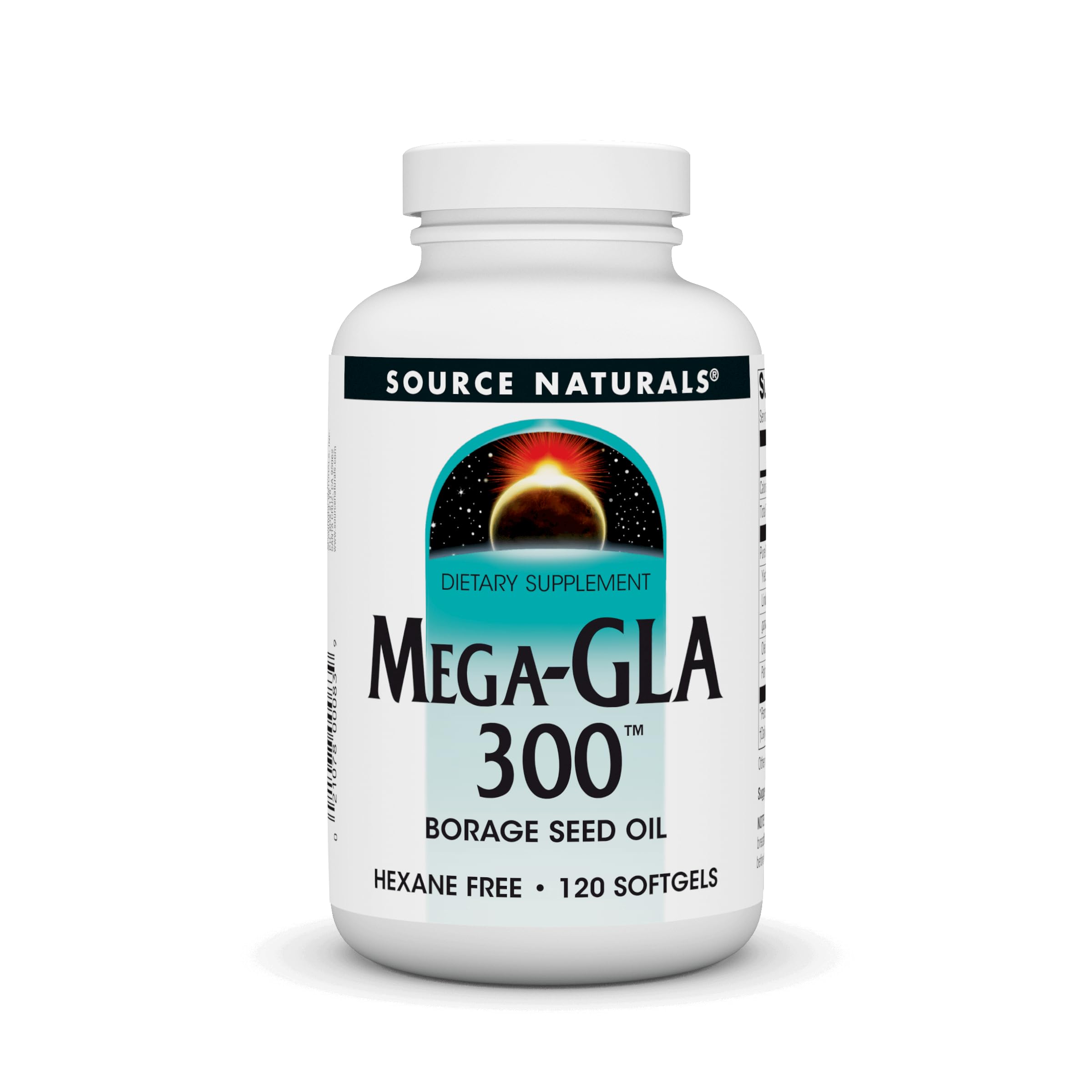 Source Naturals Mega-GLA 300 bottle front, hexane-free borage oil for daily softgel use