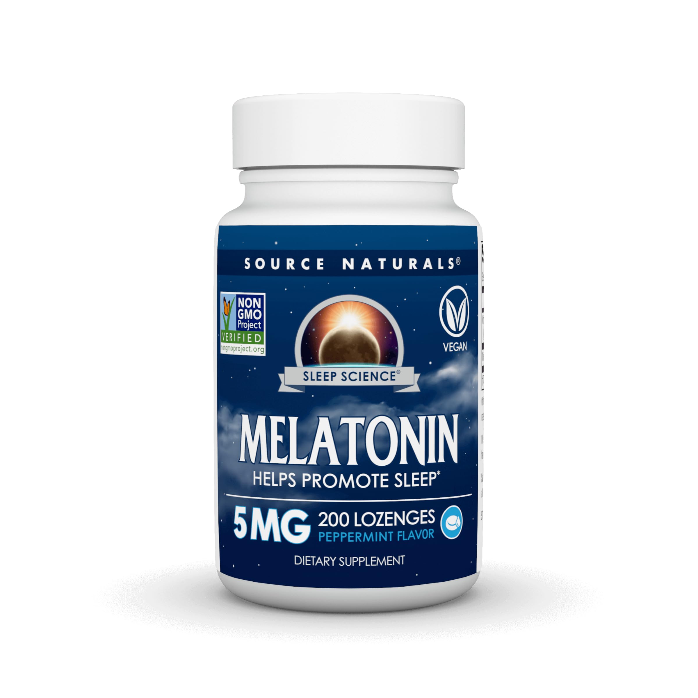 Source Naturals melatonin lozenge packaging with peppermint flavor and 5 mg dosage for restful nights.