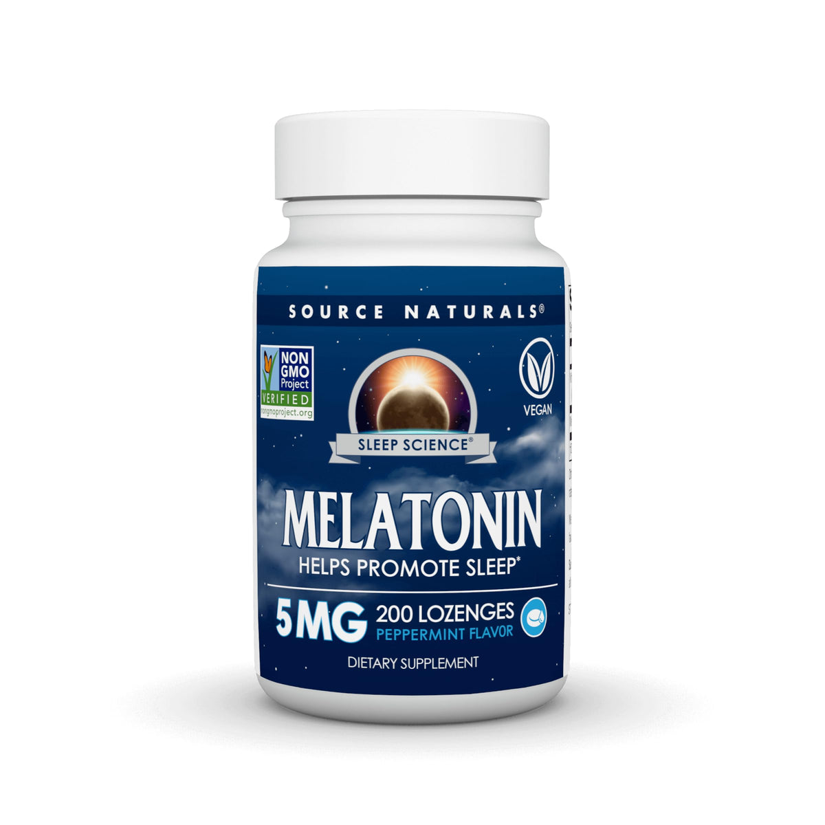 Source Naturals melatonin lozenge packaging with peppermint flavor and 5 mg dosage for restful nights.