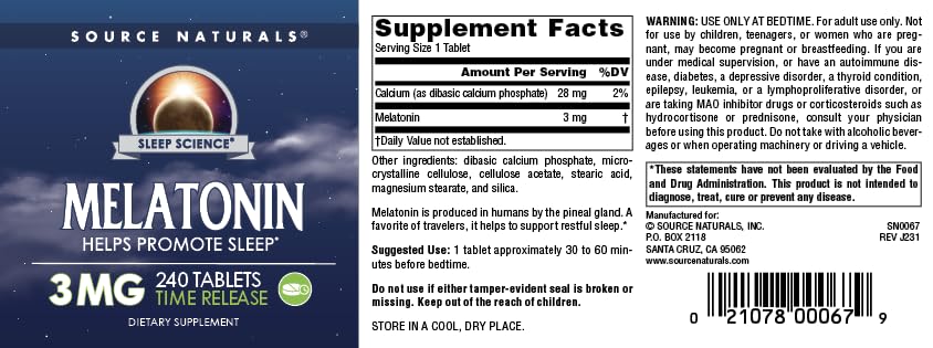 Source Naturals Melatonin tablets close-up showing round pills and smooth texture.