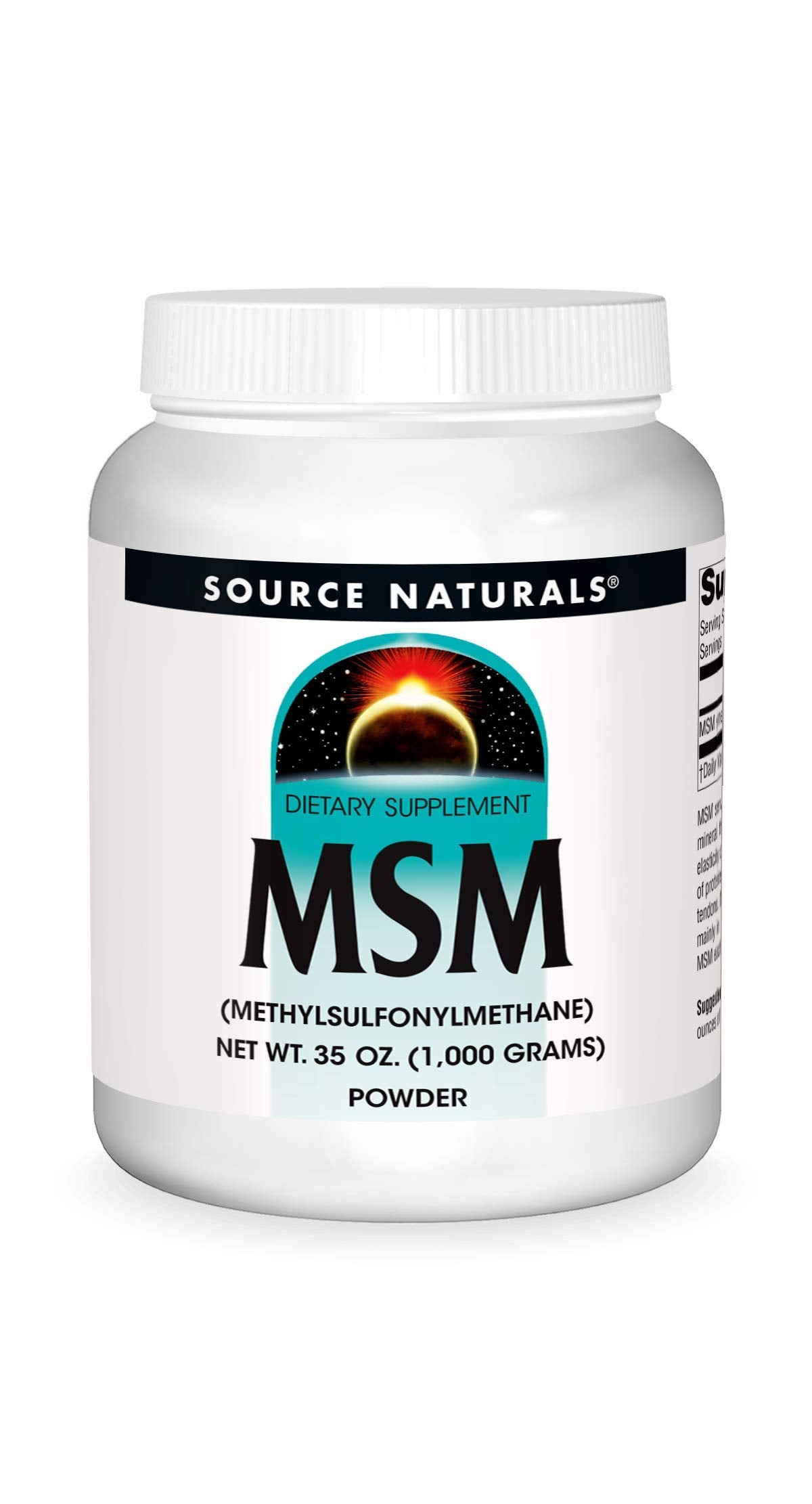 Source Naturals MSM powder bottle with label ready to blend into water for daily use.