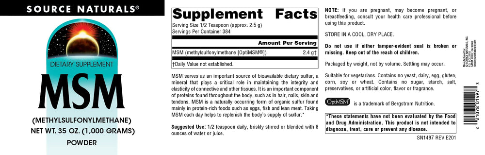 Close-up of Source Naturals MSM label on jar showing quality.