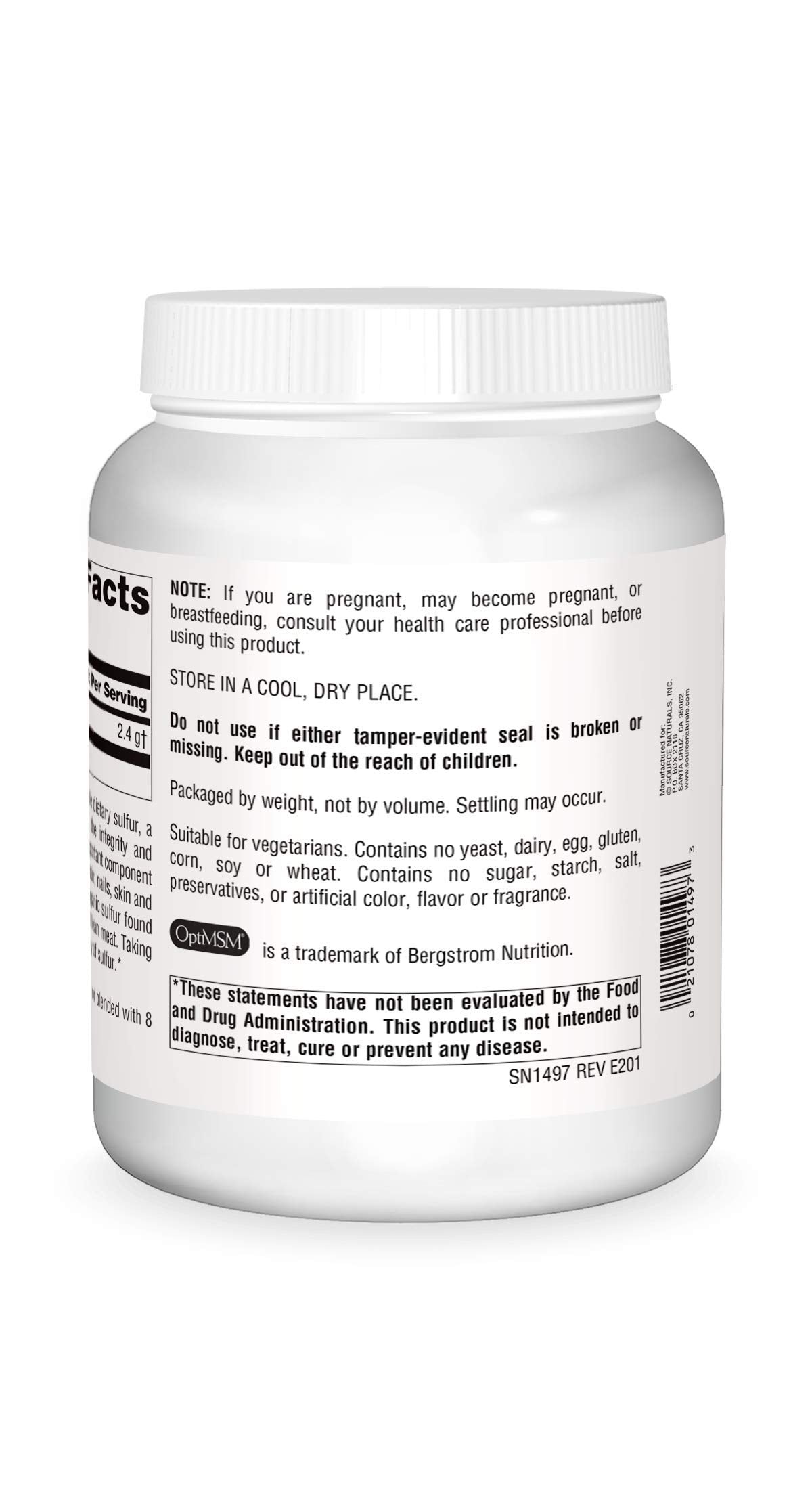 Source Naturals MSM powder scoop resting on jar lid for easy daily dosing.