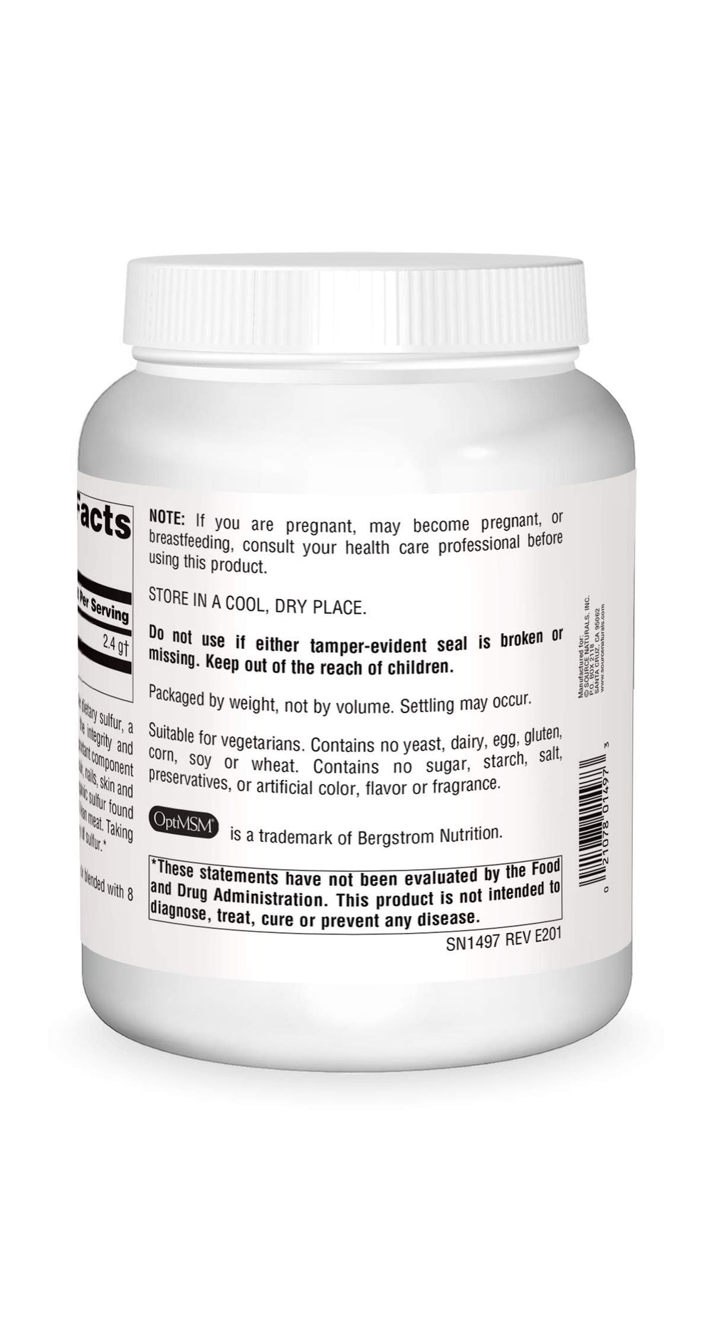 Source Naturals MSM powder scoop resting on jar lid for easy daily dosing.