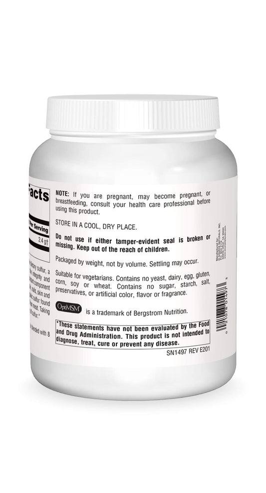 Source Naturals MSM powder scoop resting on jar lid for easy daily dosing.