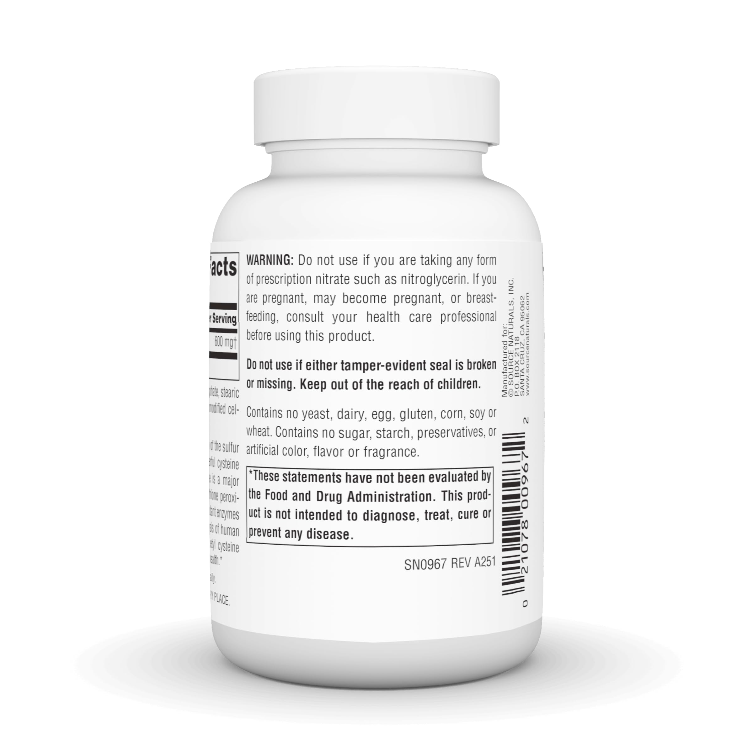 Source Naturals NAC label info emphasizes allergen-free formulation.