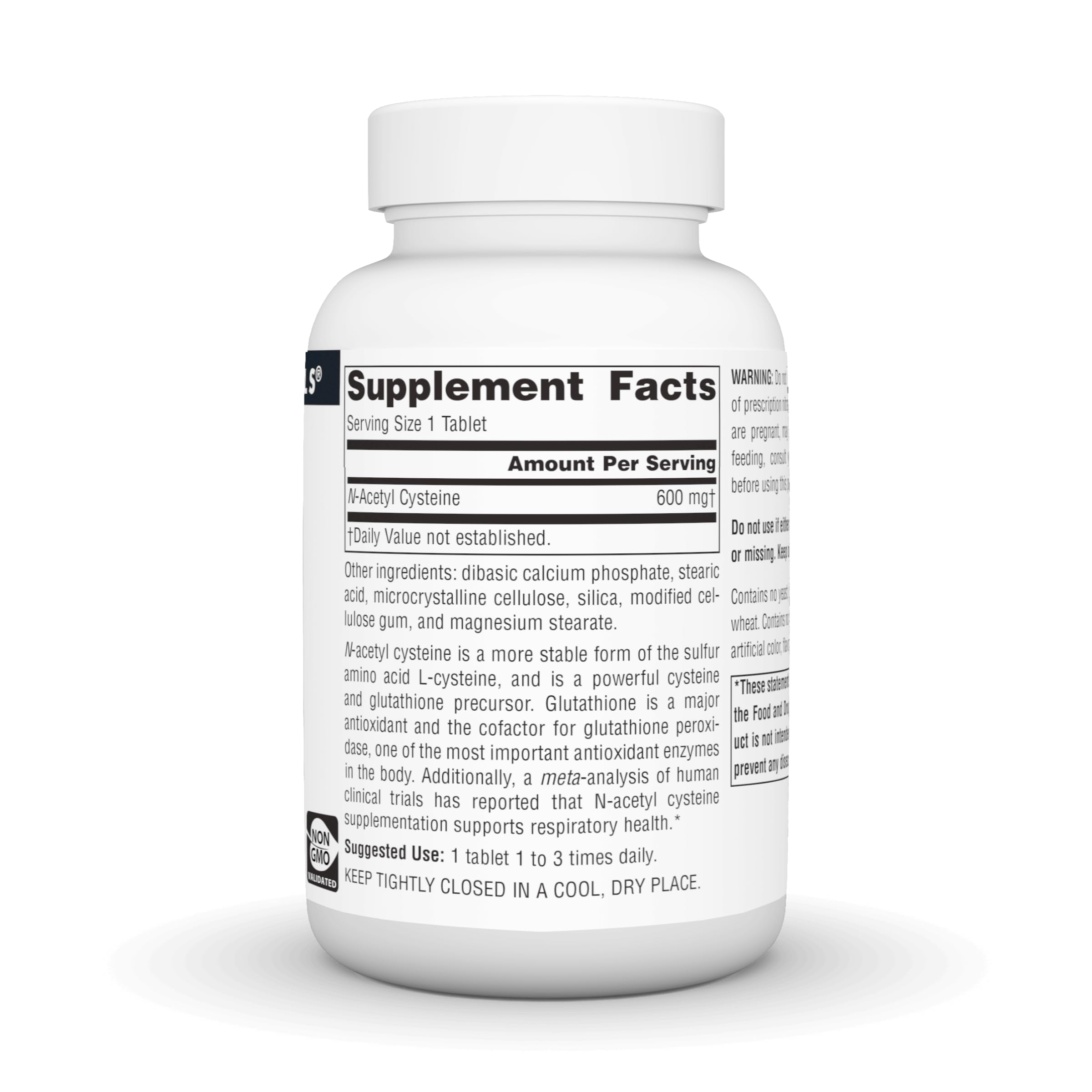 Source Naturals NAC tablets closeup highlights uniform size for easy swallowing.