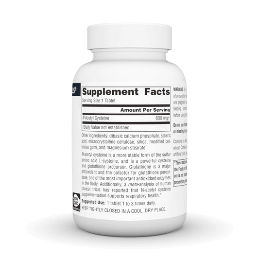 Source Naturals NAC tablets closeup highlights uniform size for easy swallowing.