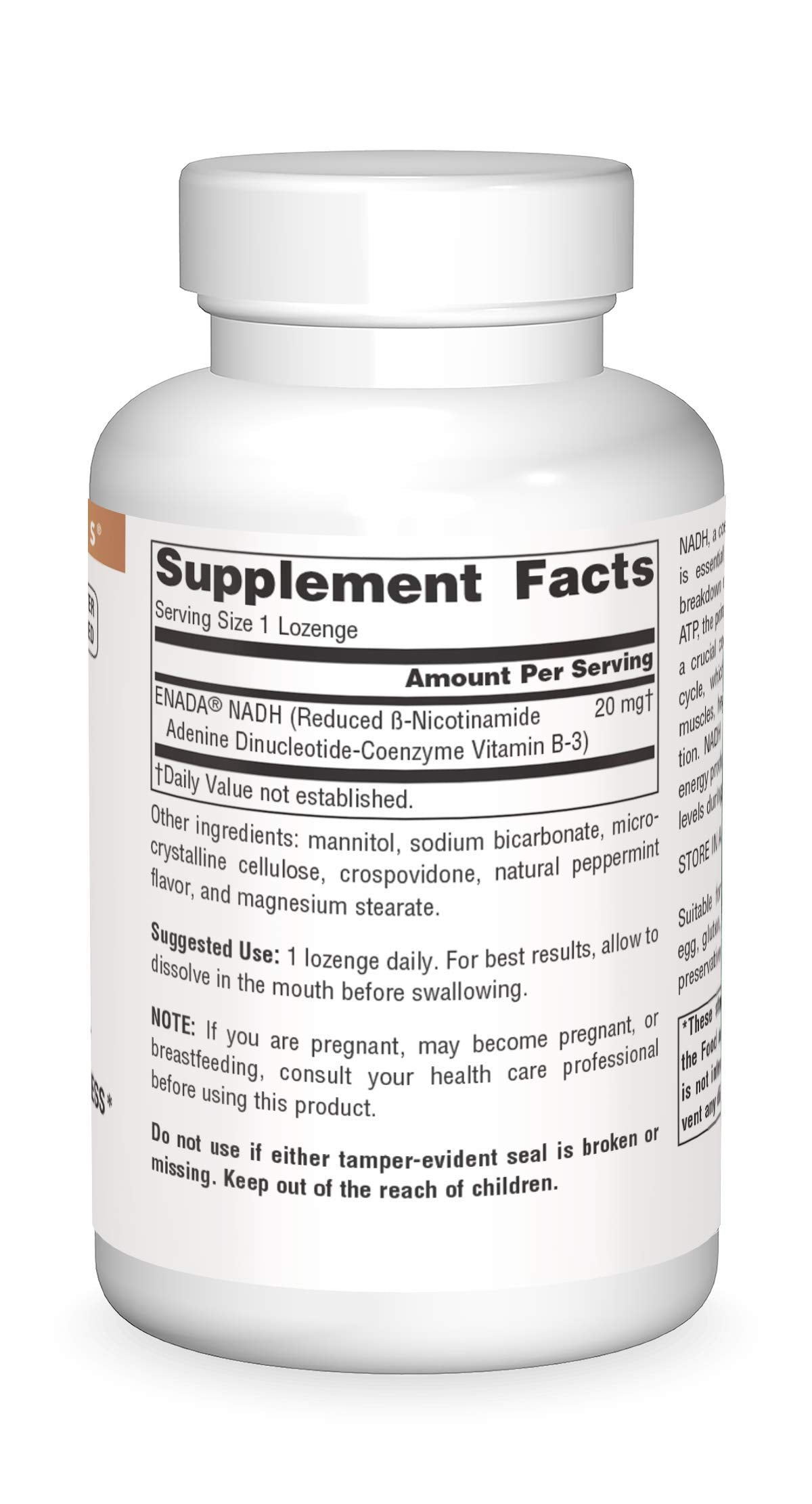 Source Naturals NADH 20mg ingredients label highlighting purity