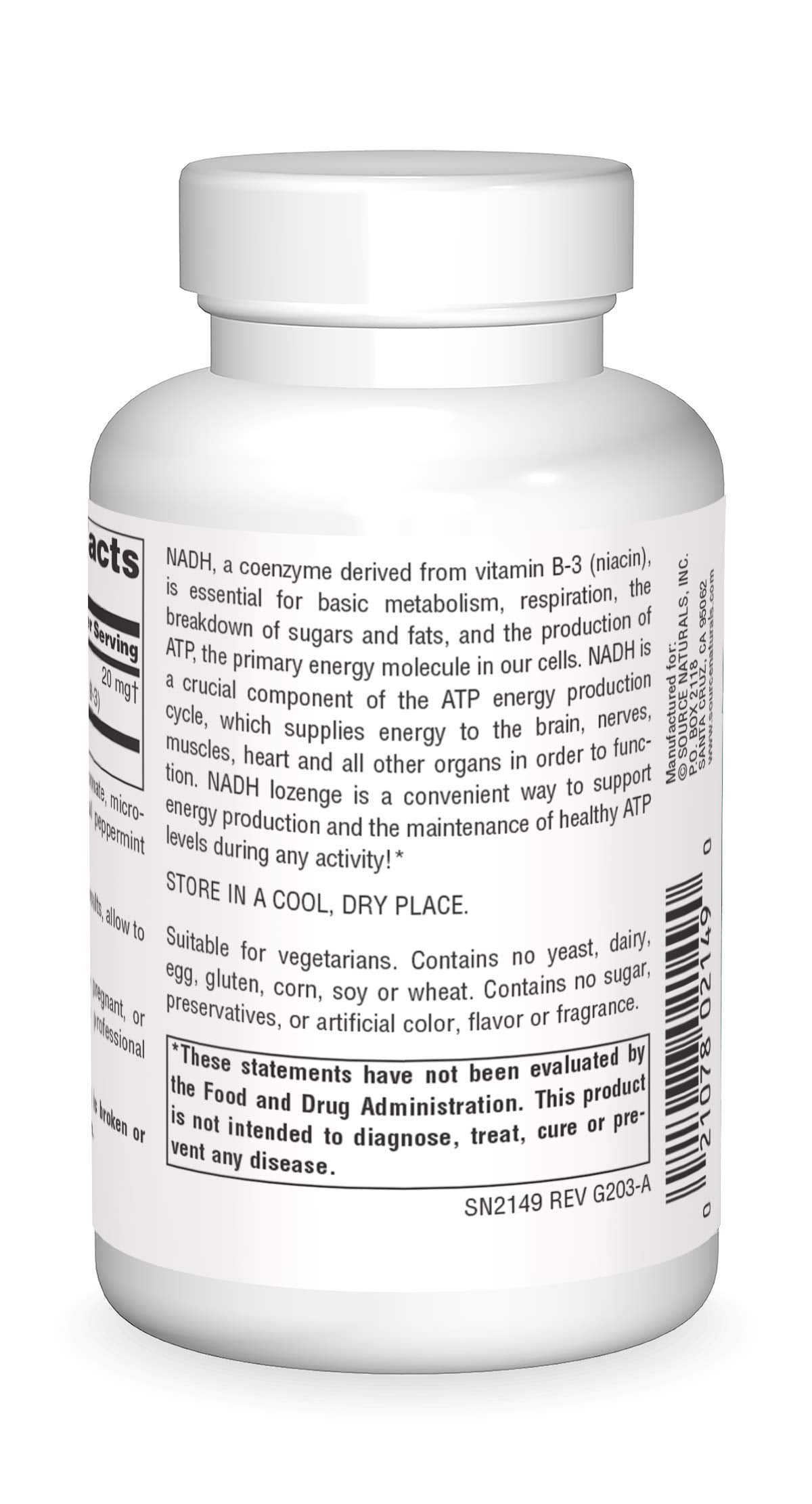 Source Naturals NADH lozenges bottle side detail for daily focus