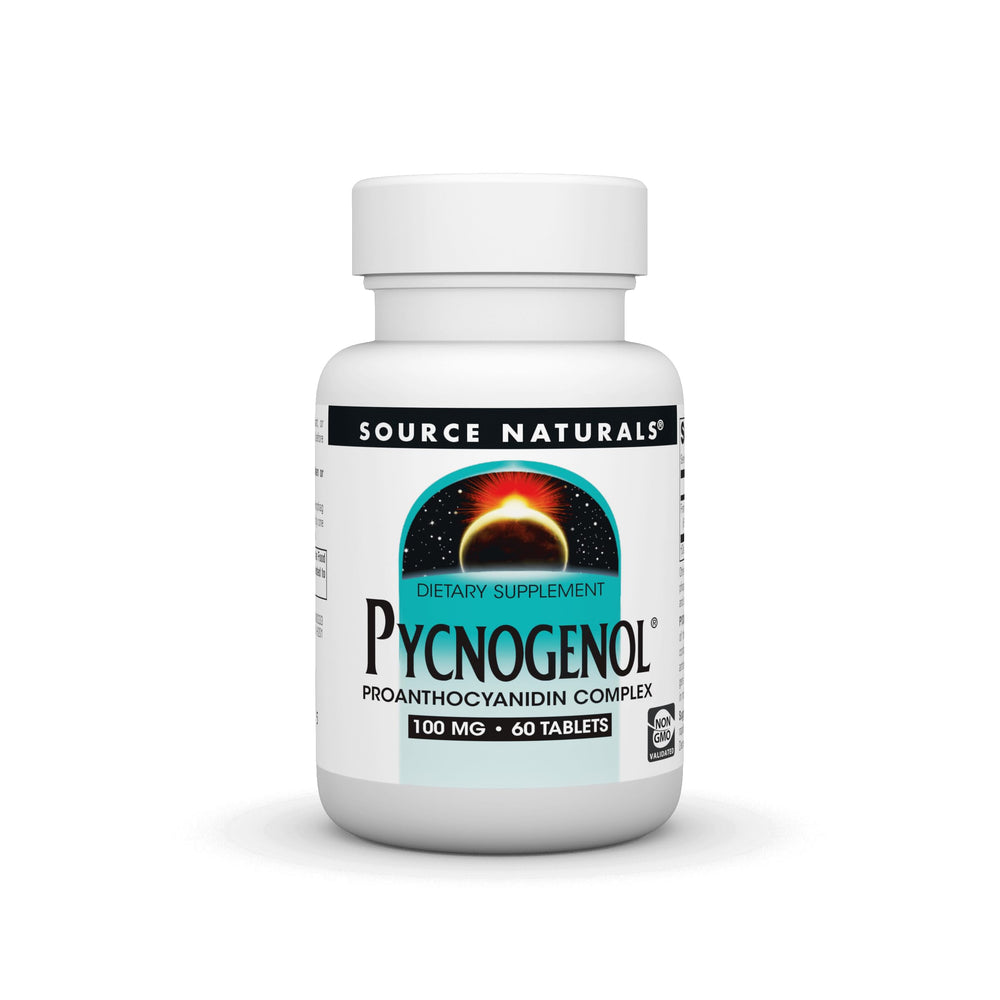 Source Naturals Pycnogenol 100 mg bottle on a countertop—antioxidant-rich daily supplement.