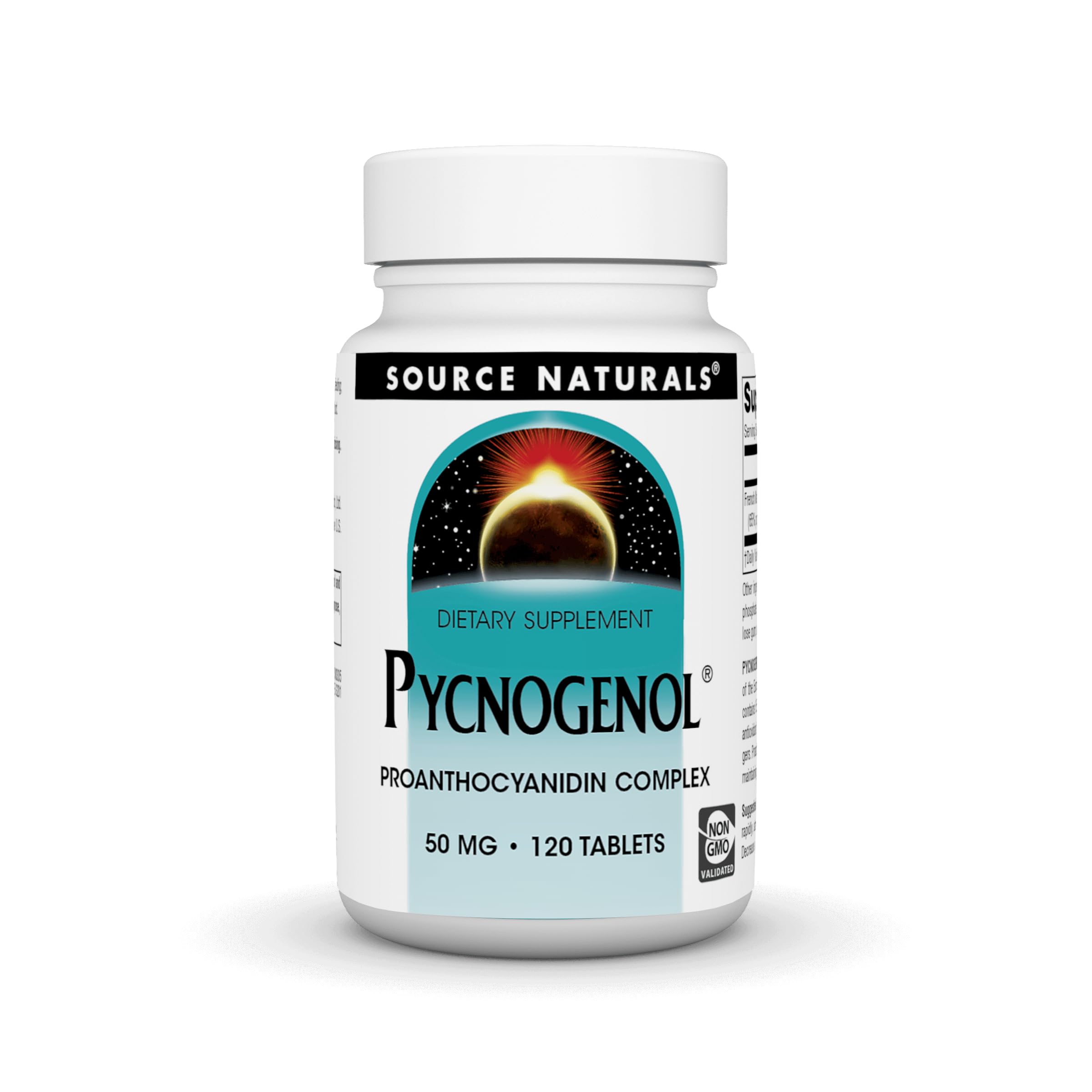 Source Naturals Pycnogenol bottle with 50 mg tablets offers antioxidant support.
