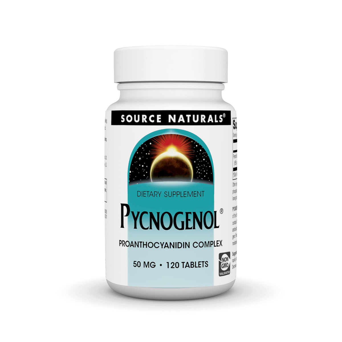 Source Naturals Pycnogenol bottle with 50 mg tablets offers antioxidant support.