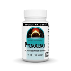 Source Naturals Pycnogenol bottle with 50 mg tablets offers antioxidant support.