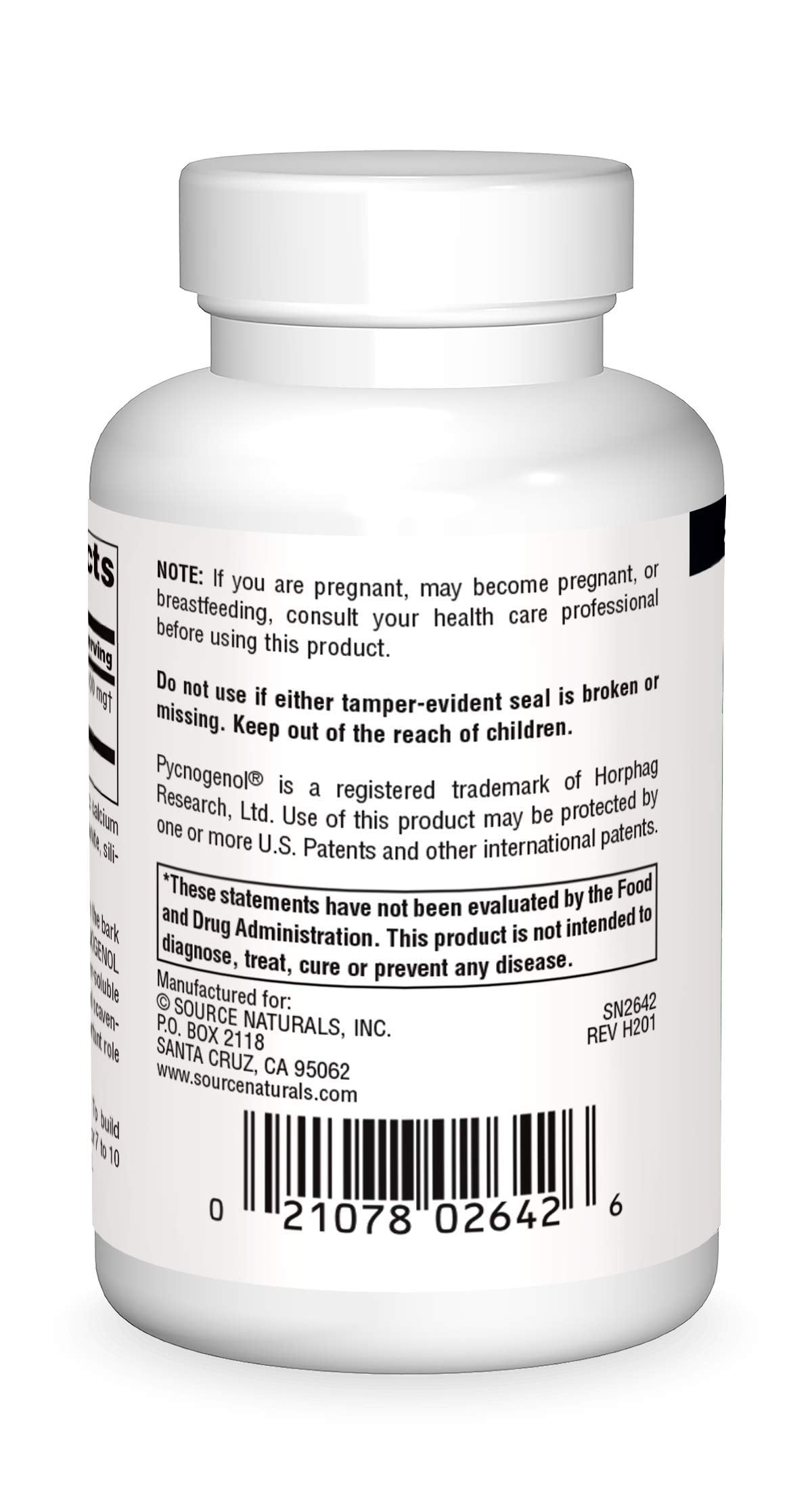Source Naturals Pycnogenol capsules close-up with 100 mg dose for antioxidant support